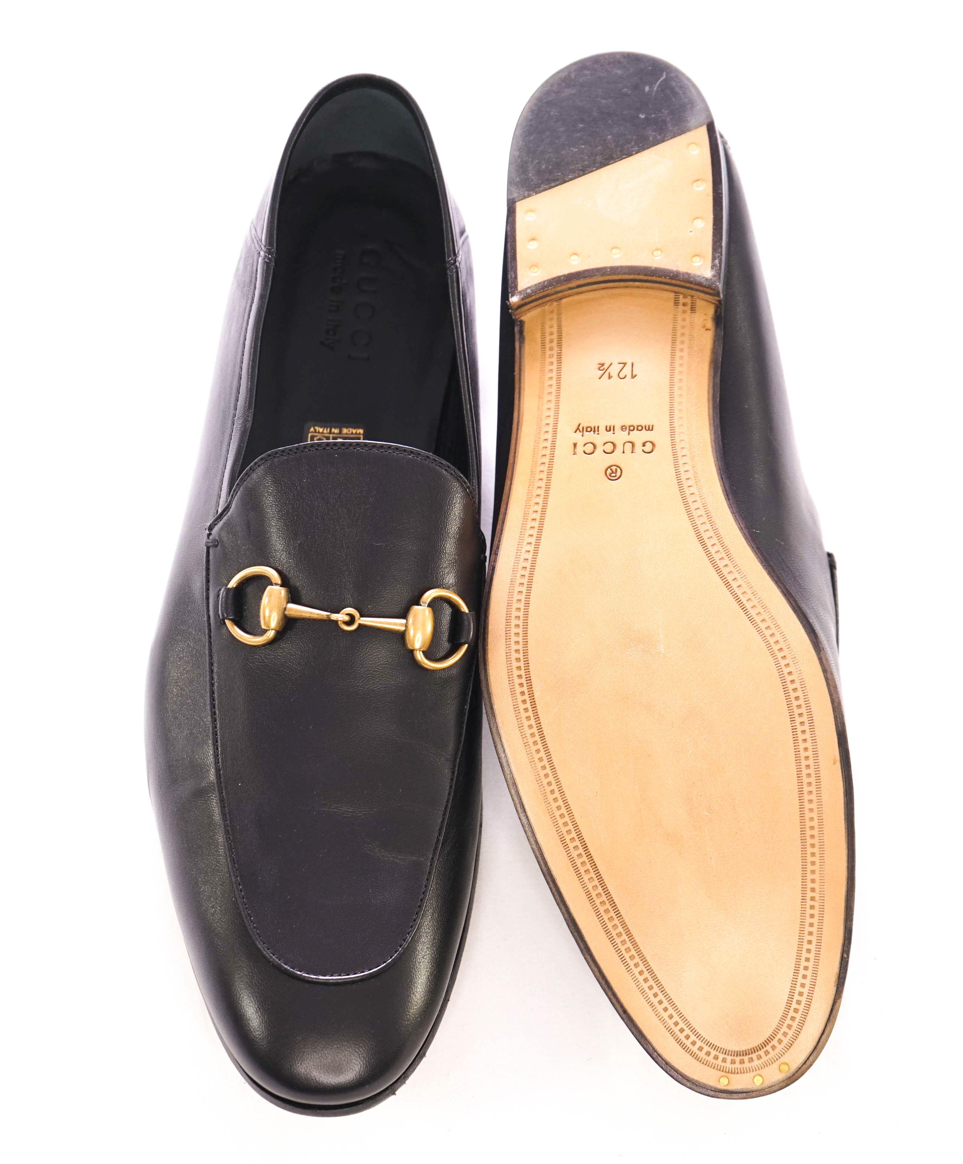 $920 GUCCI - "BRIXTON" Black/Gold ICONIC Horsebit Leather Loafers - 13 US (12.5G)