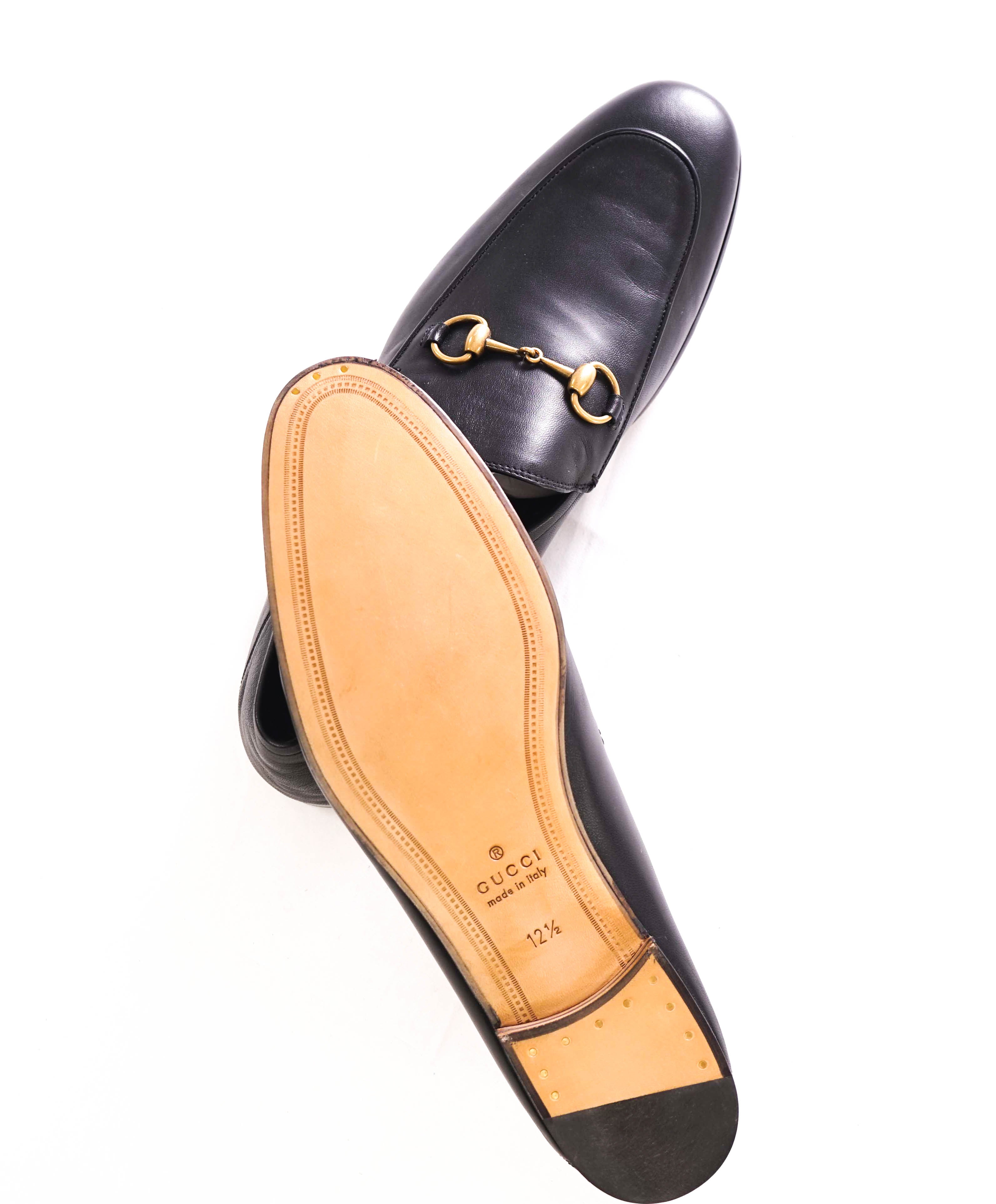 $920 GUCCI - "BRIXTON" Black/Gold ICONIC Horsebit Leather Loafers - 13 US (12.5G)