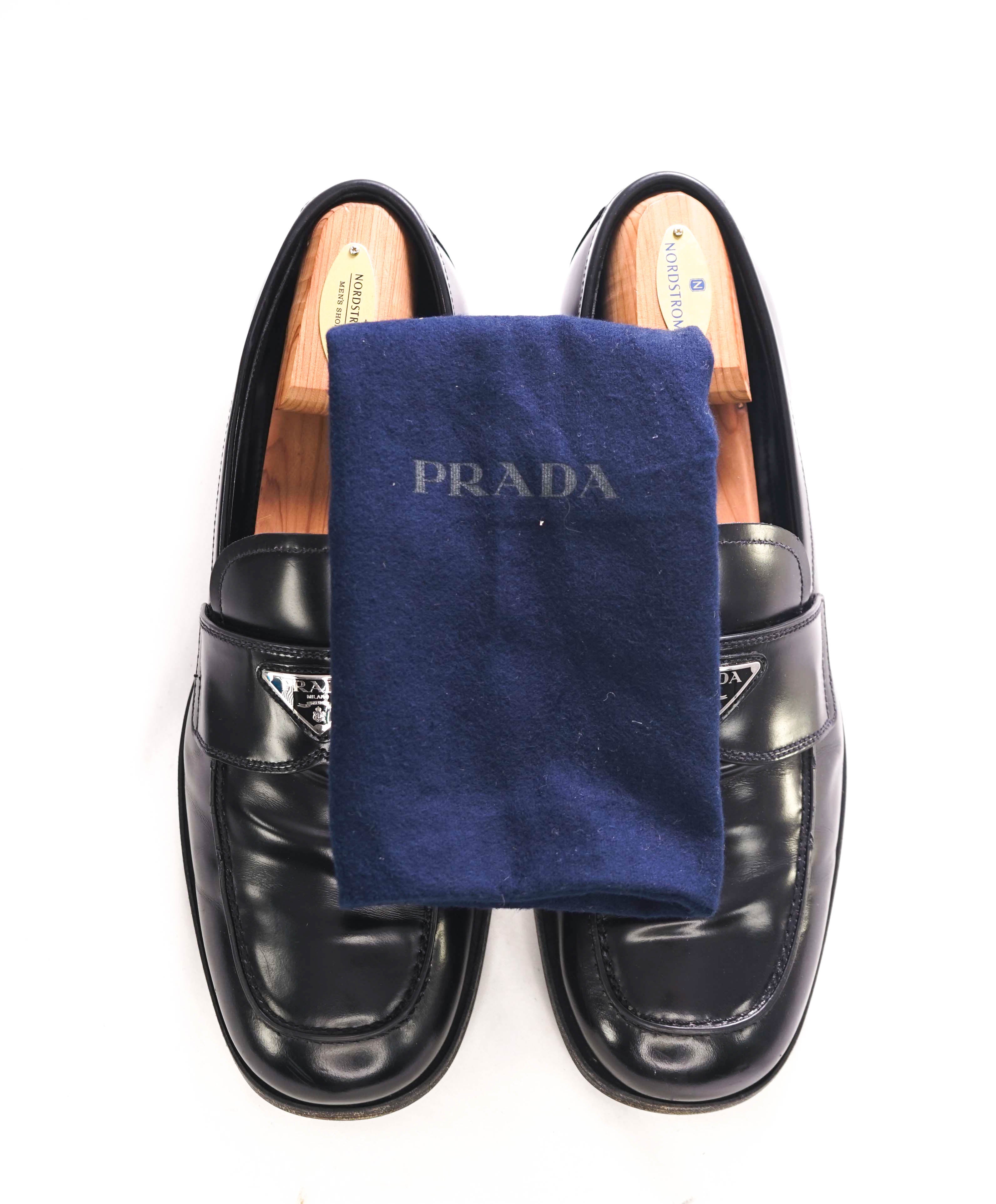 $1,150 PRADA - Black Leather LOGO Plaque Square Toe Loafers W Trees - 11 US (10 Prada)