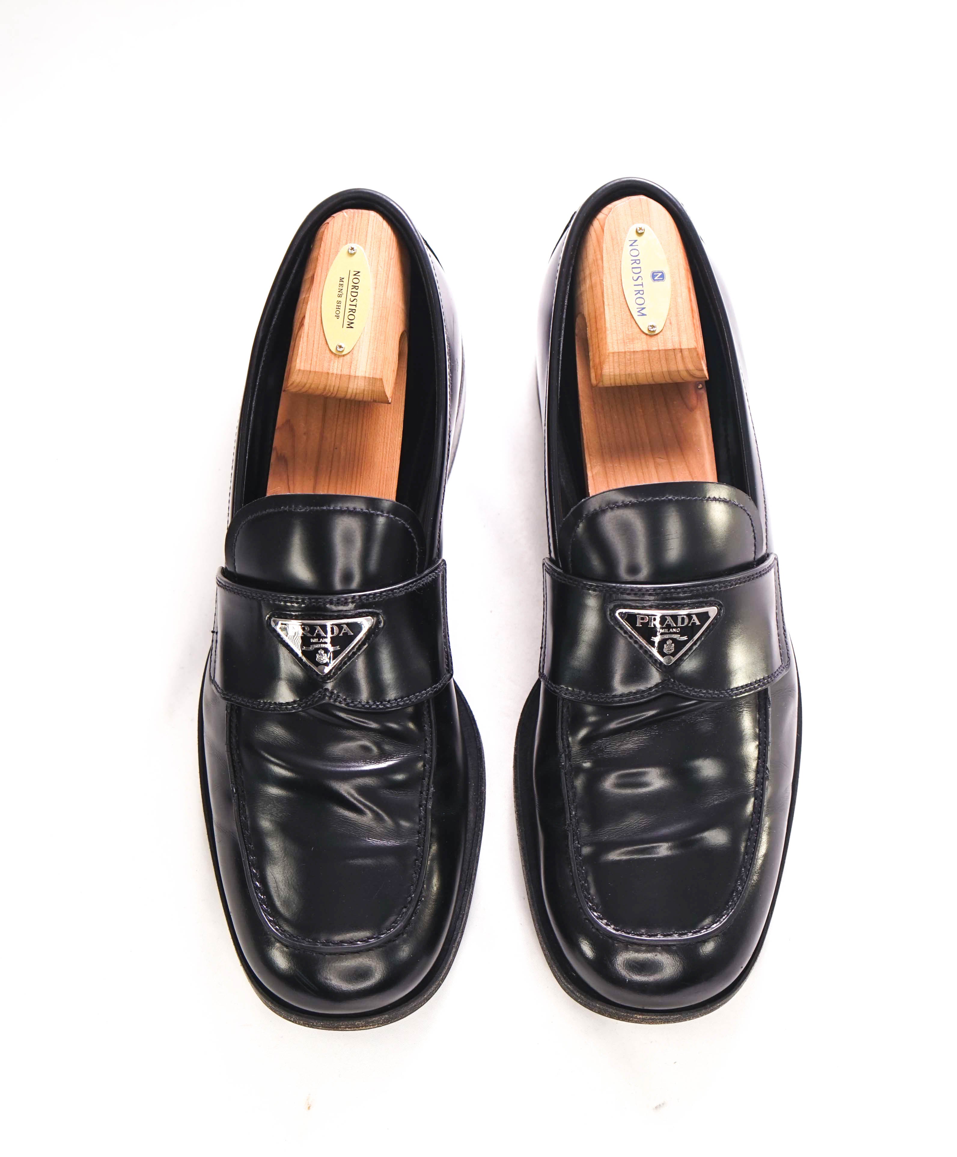 $1,150 PRADA - Black Leather LOGO Plaque Square Toe Loafers W Trees - 11 US (10 Prada)