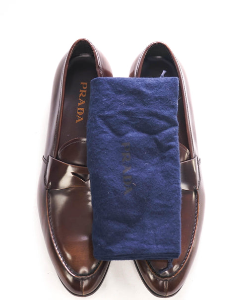 $950 PRADA - Brown Leather Penny Loafers Hand Patina - 12 US (11 Prada)