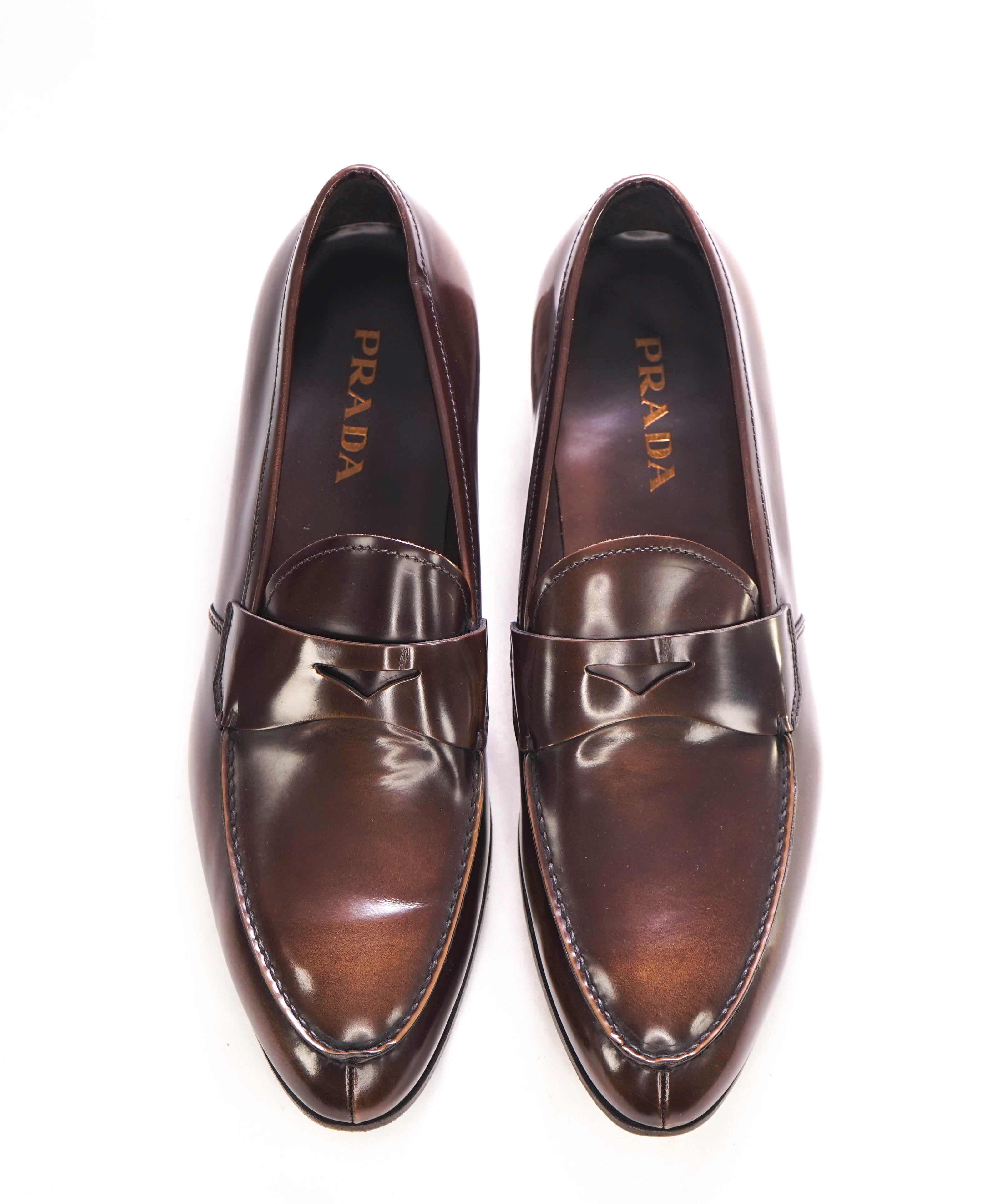 $950 PRADA - Brown Leather Penny Loafers Hand Patina - 12 US (11 Prada)