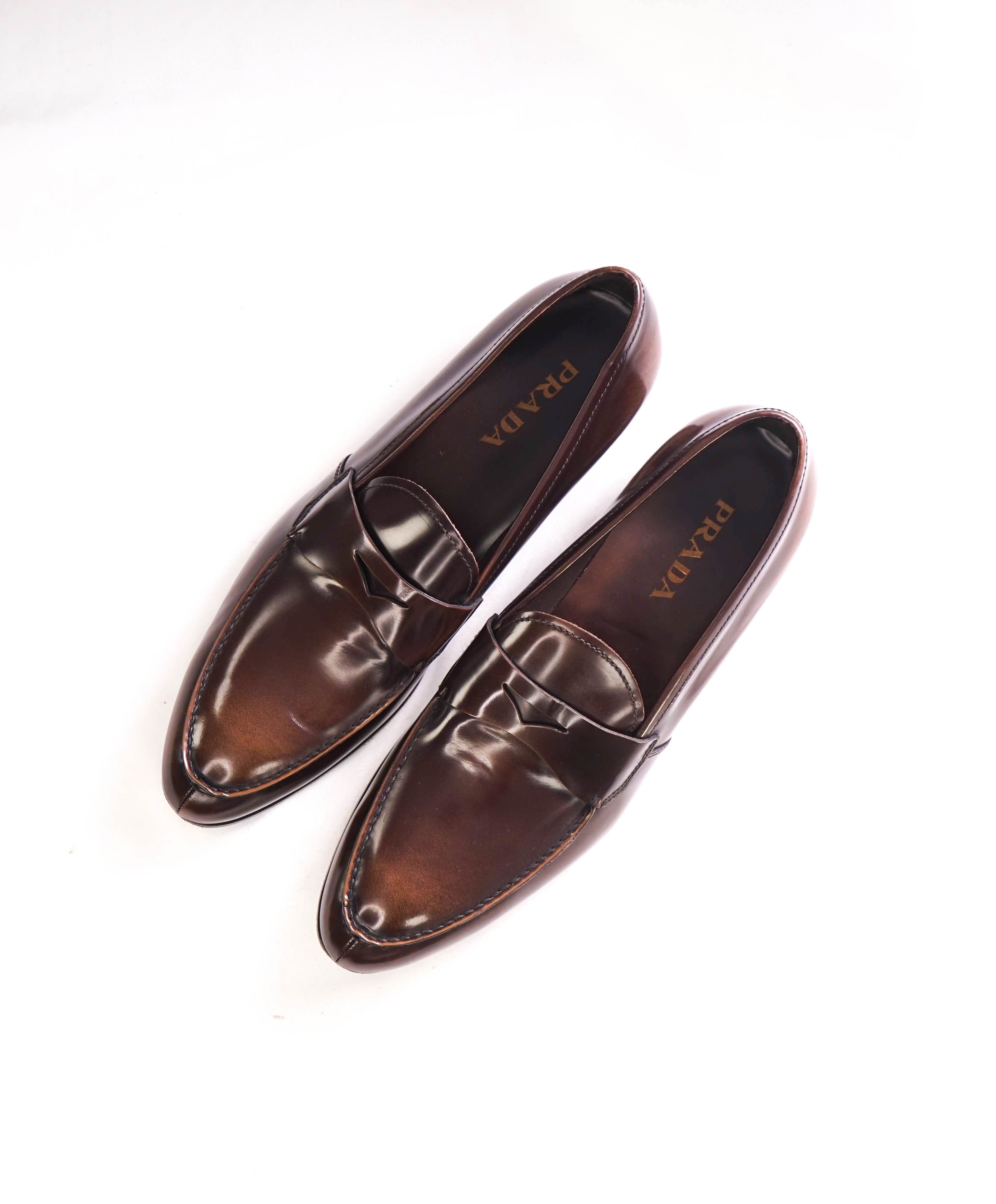 $950 PRADA - Brown Leather Penny Loafers Hand Patina - 12 US (11 Prada)