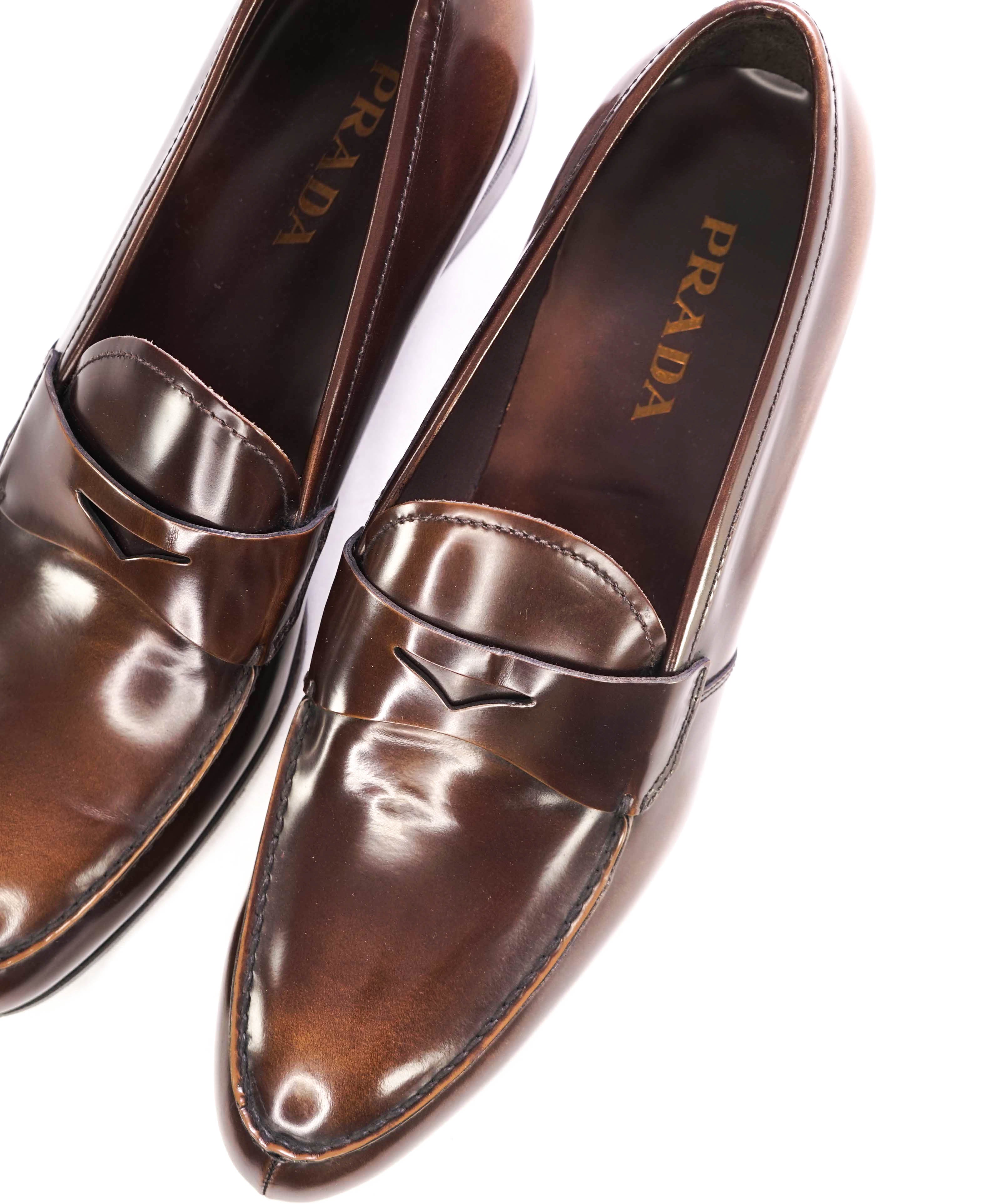 $950 PRADA - Brown Leather Penny Loafers Hand Patina - 12 US (11 Prada)