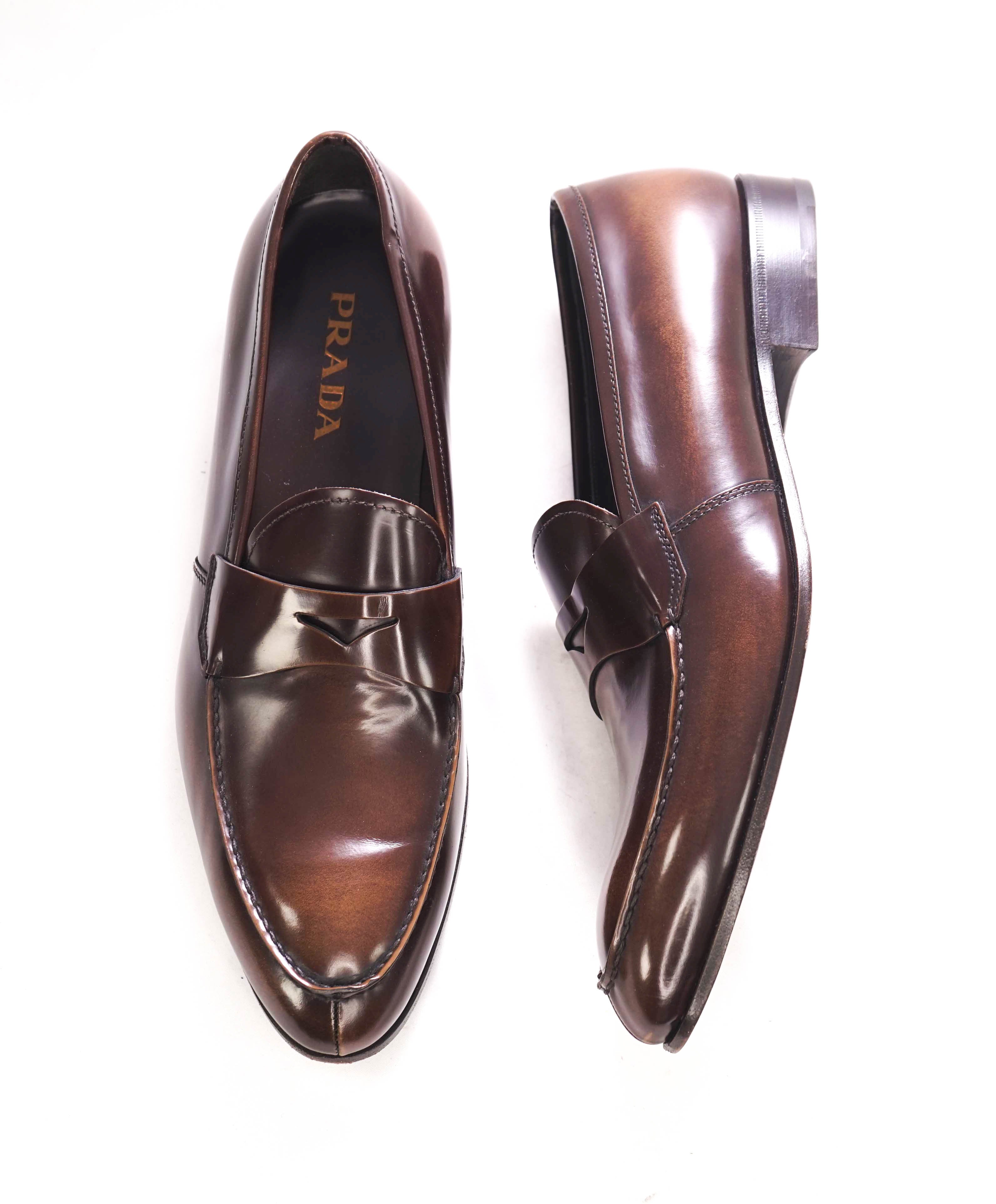 $950 PRADA - Brown Leather Penny Loafers Hand Patina - 12 US (11 Prada)