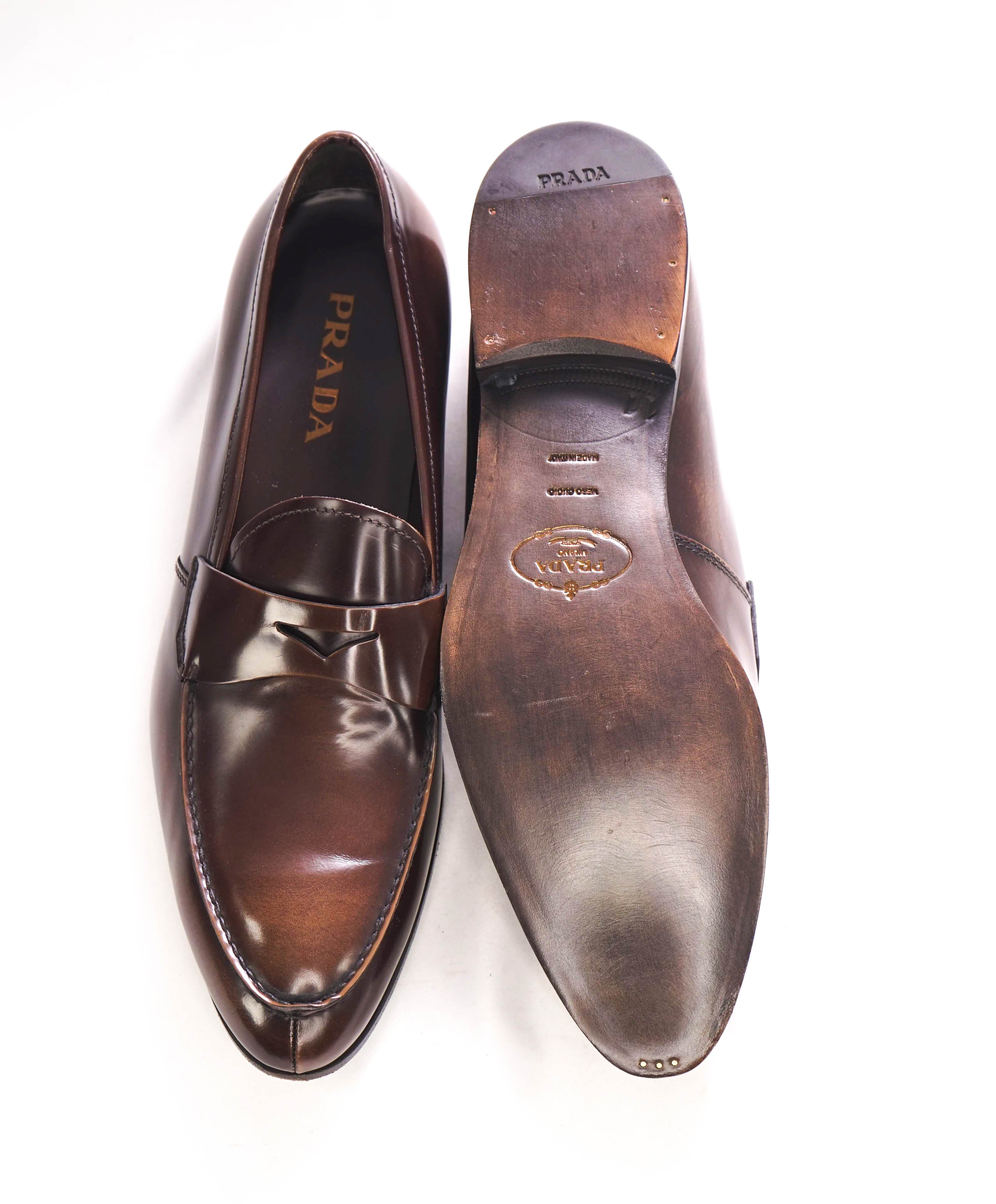 $950 PRADA - Brown Leather Penny Loafers Hand Patina - 12 US (11 Prada)