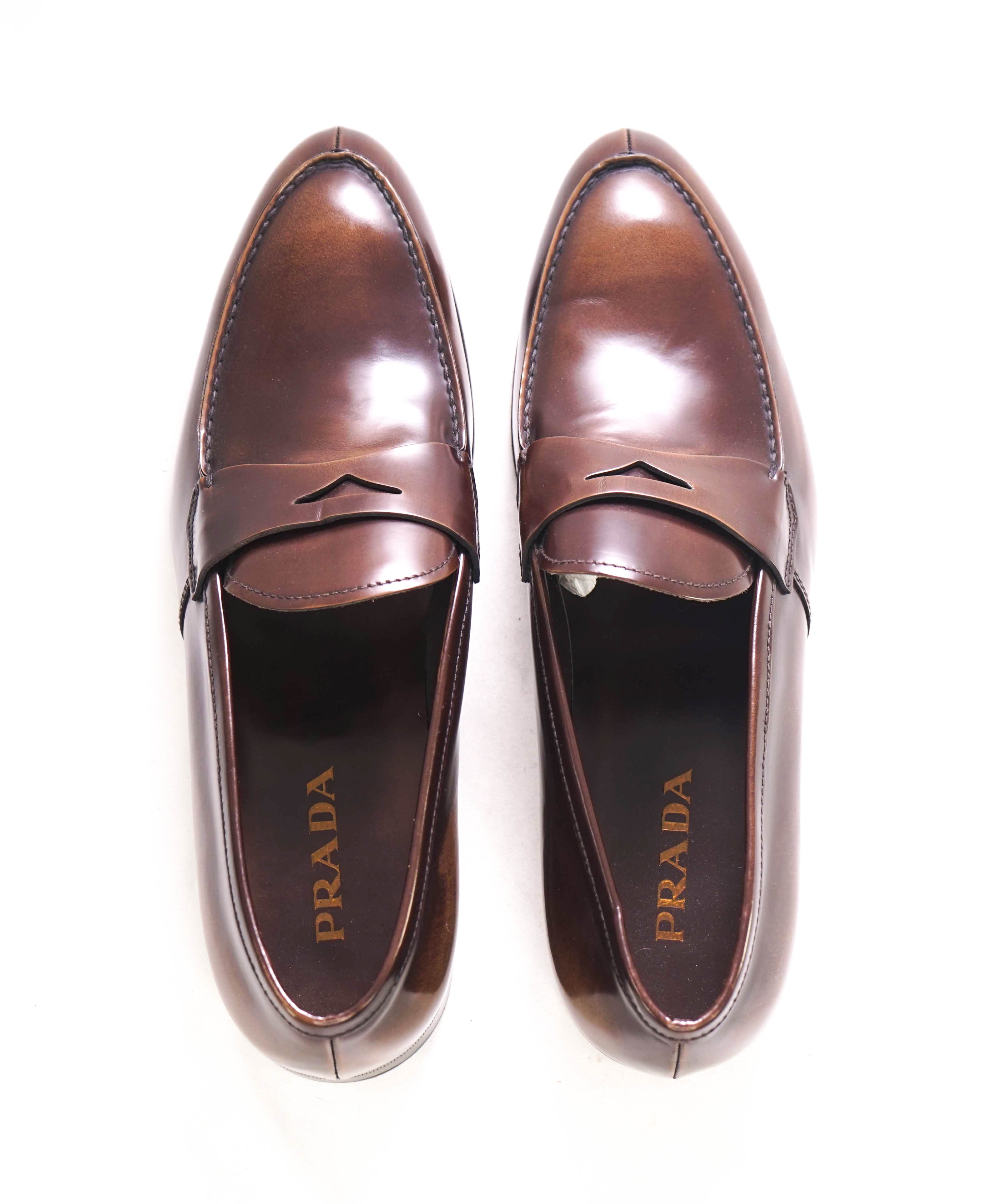 $950 PRADA - Brown Leather Penny Loafers Hand Patina - 12 US (11 Prada)