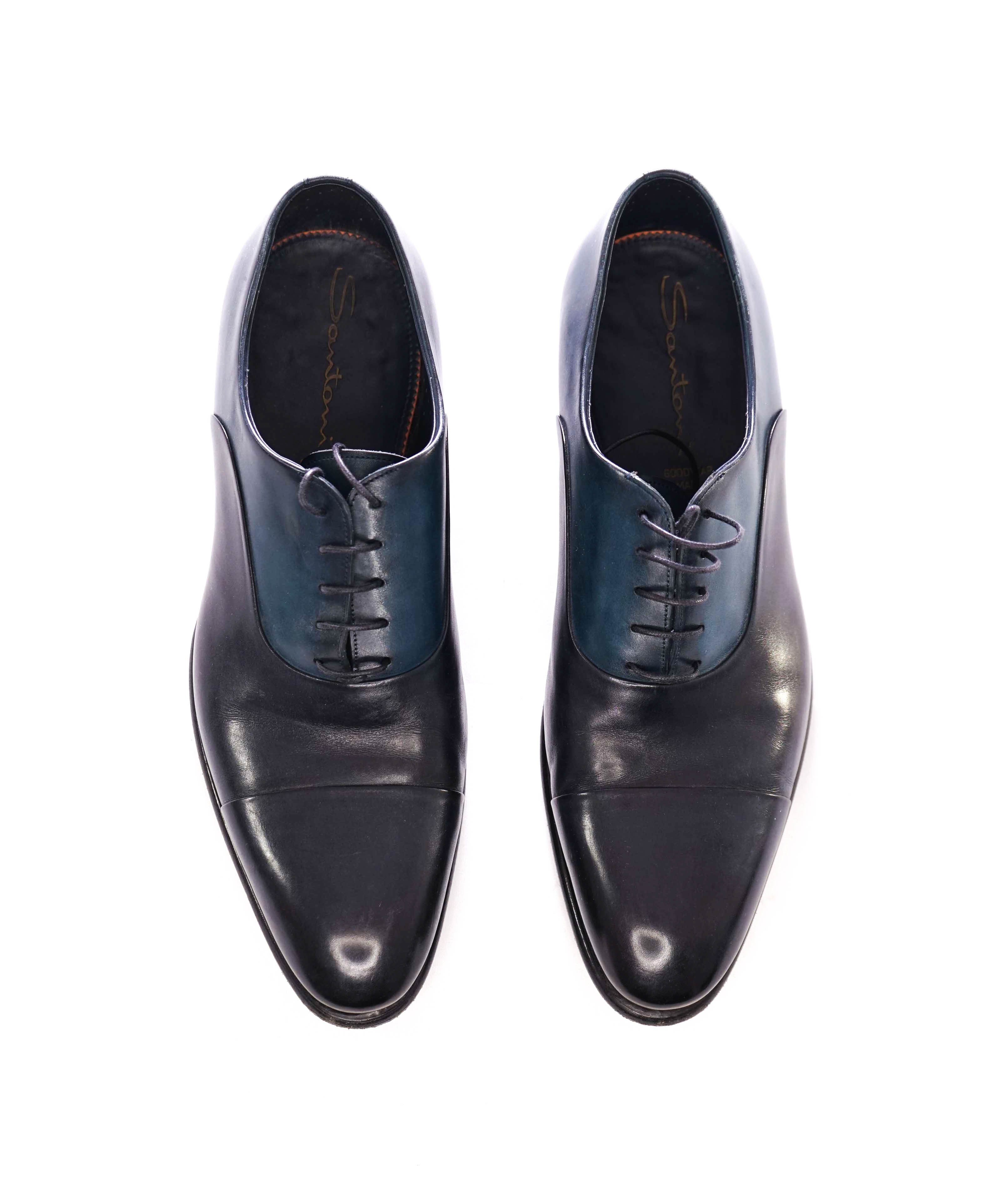 $1,595 SANTONI - "GOODYEAR WELT” Navy/Turquoise Cap-toe Oxfords - 9 US (8 IT)