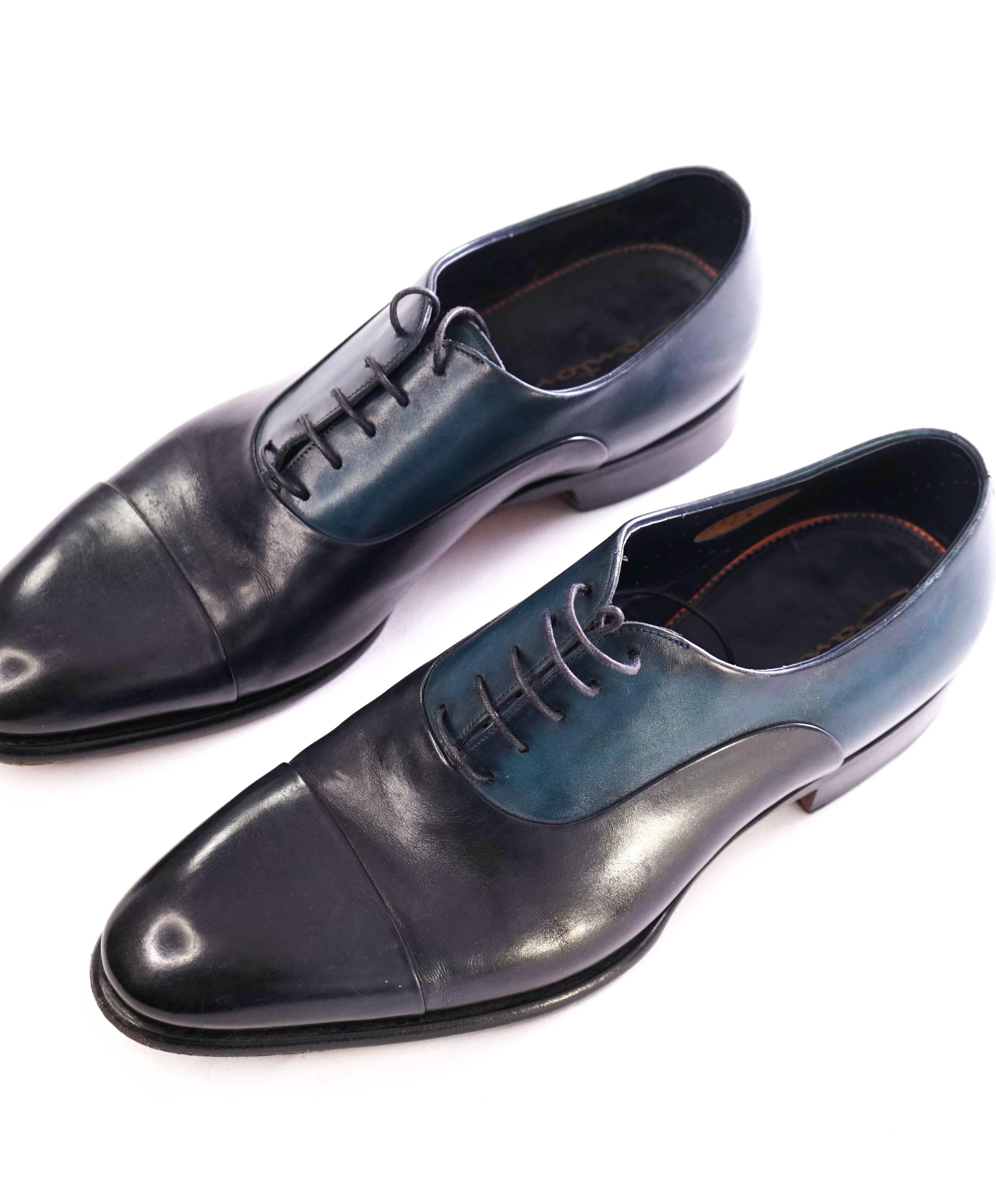 $1,595 SANTONI - "GOODYEAR WELT” Navy/Turquoise Cap-toe Oxfords - 9 US (8 IT)