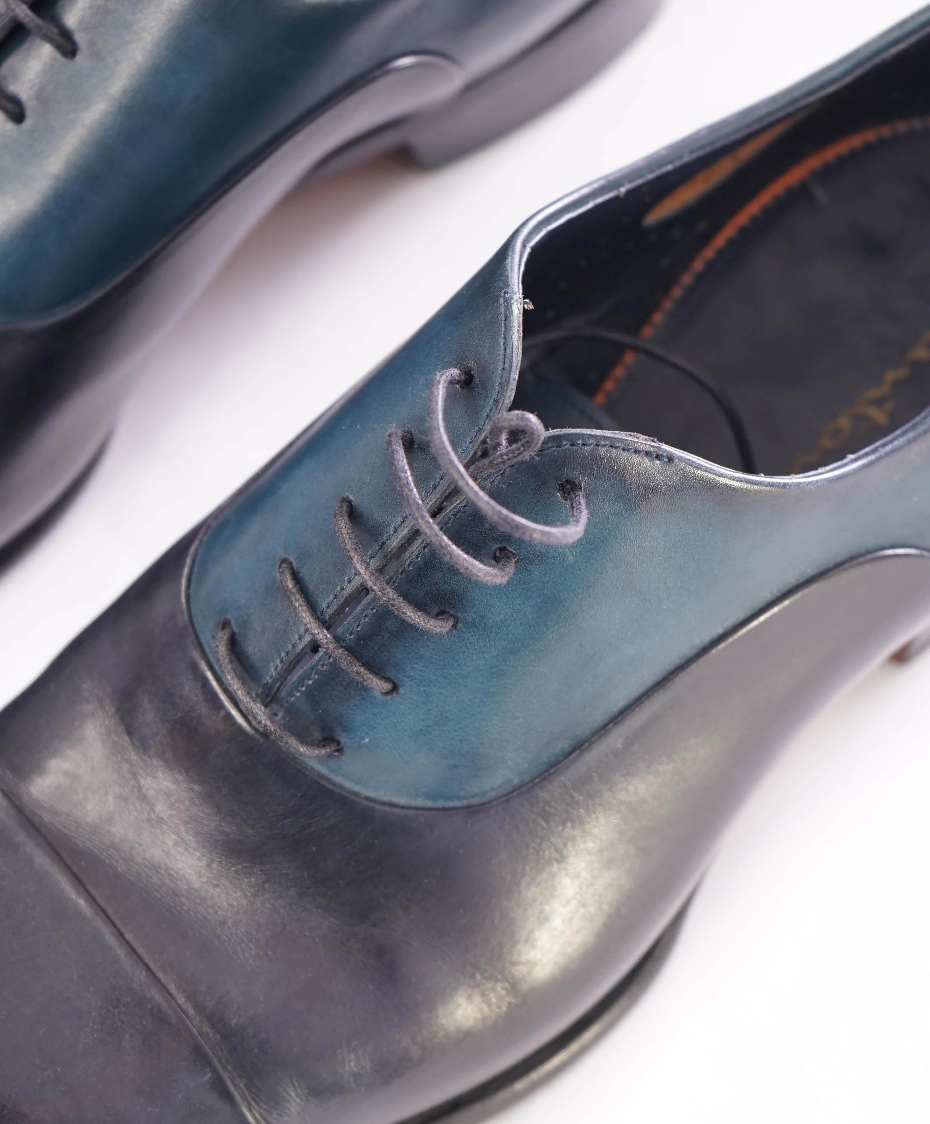 $1,595 SANTONI - "GOODYEAR WELT” Navy/Turquoise Cap-toe Oxfords - 9 US (8 IT)