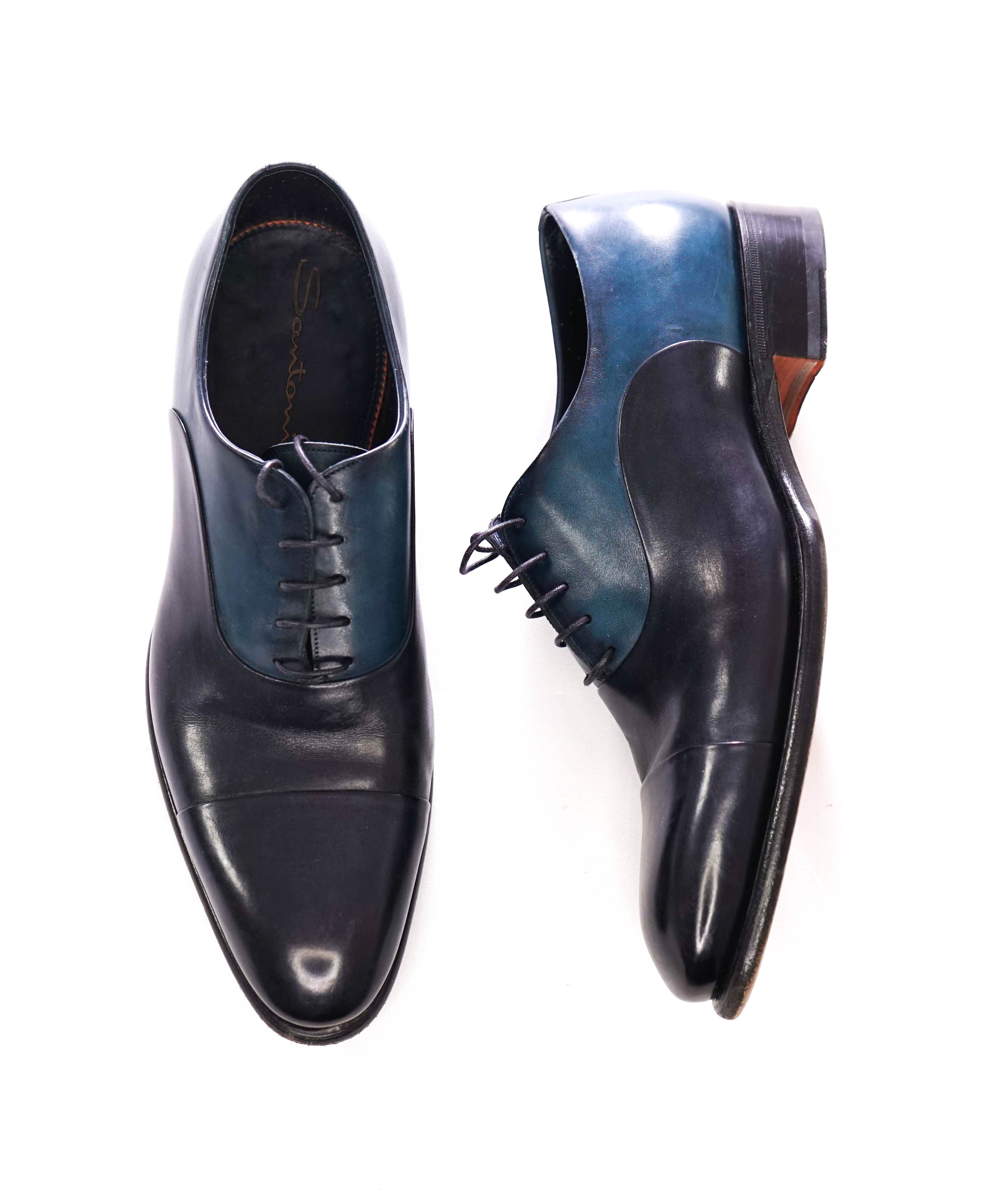 $1,595 SANTONI - "GOODYEAR WELT” Navy/Turquoise Cap-toe Oxfords - 9 US (8 IT)