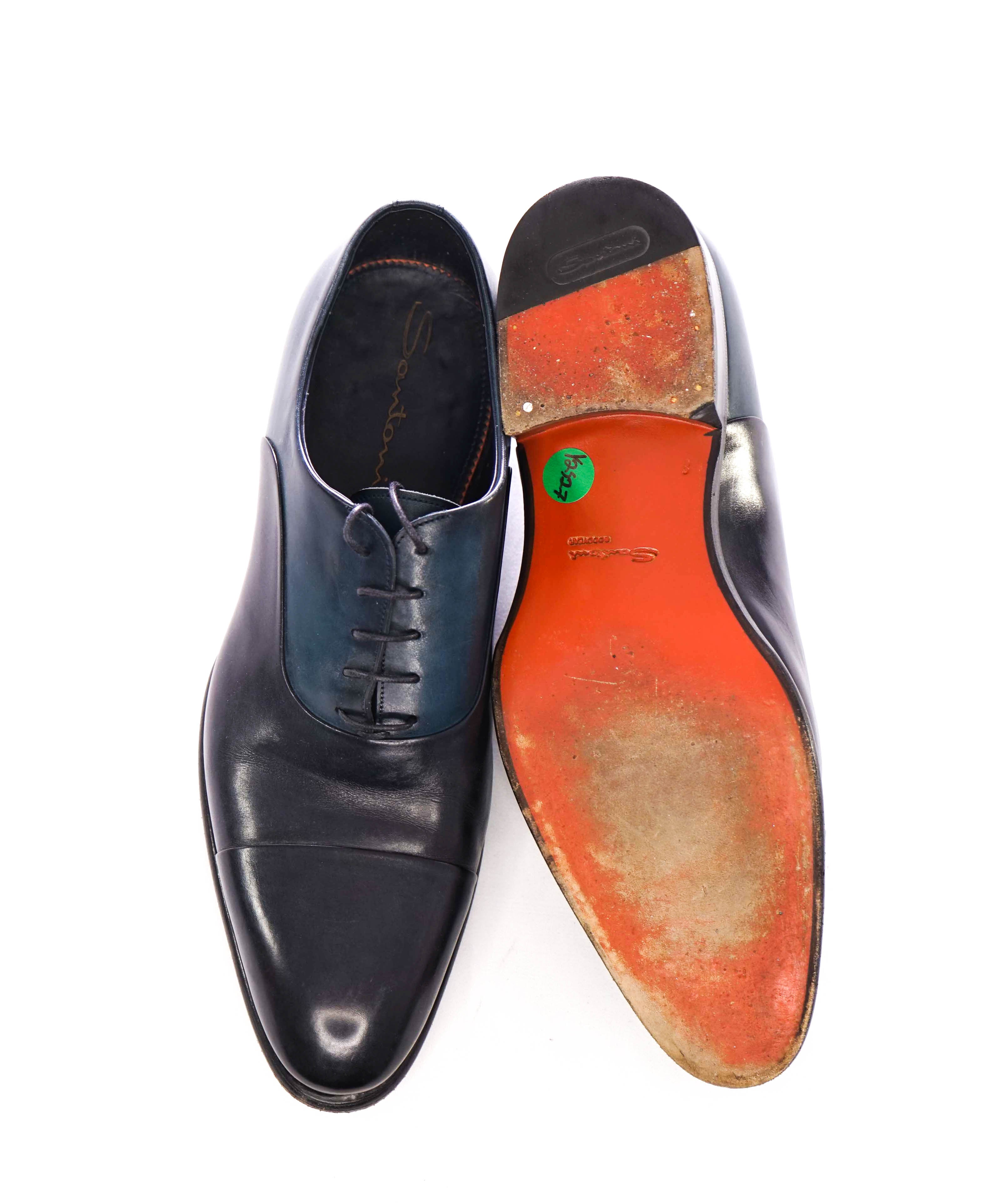 $1,595 SANTONI - "GOODYEAR WELT” Navy/Turquoise Cap-toe Oxfords - 9 US (8 IT)