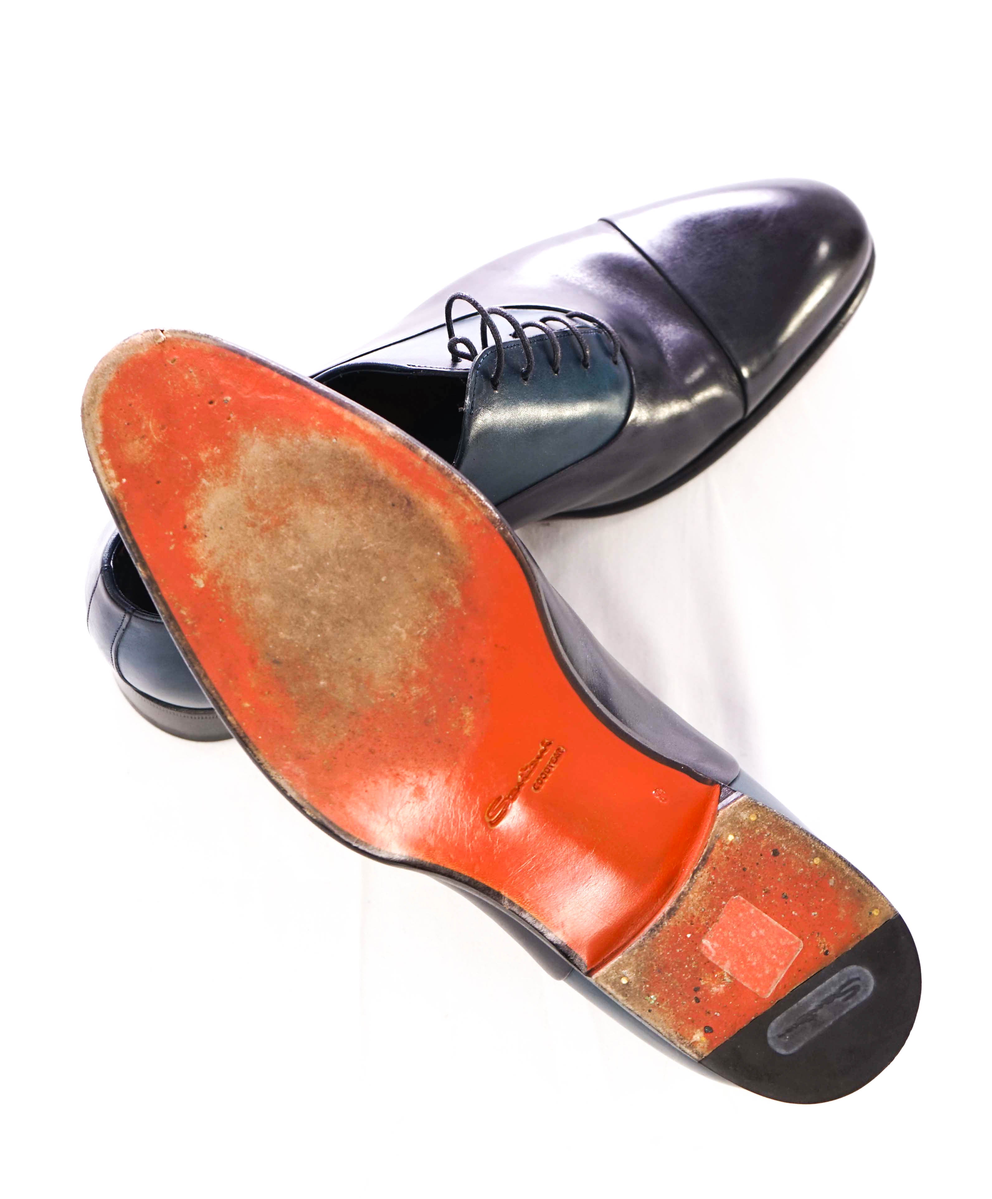 $1,595 SANTONI - "GOODYEAR WELT” Navy/Turquoise Cap-toe Oxfords - 9 US (8 IT)