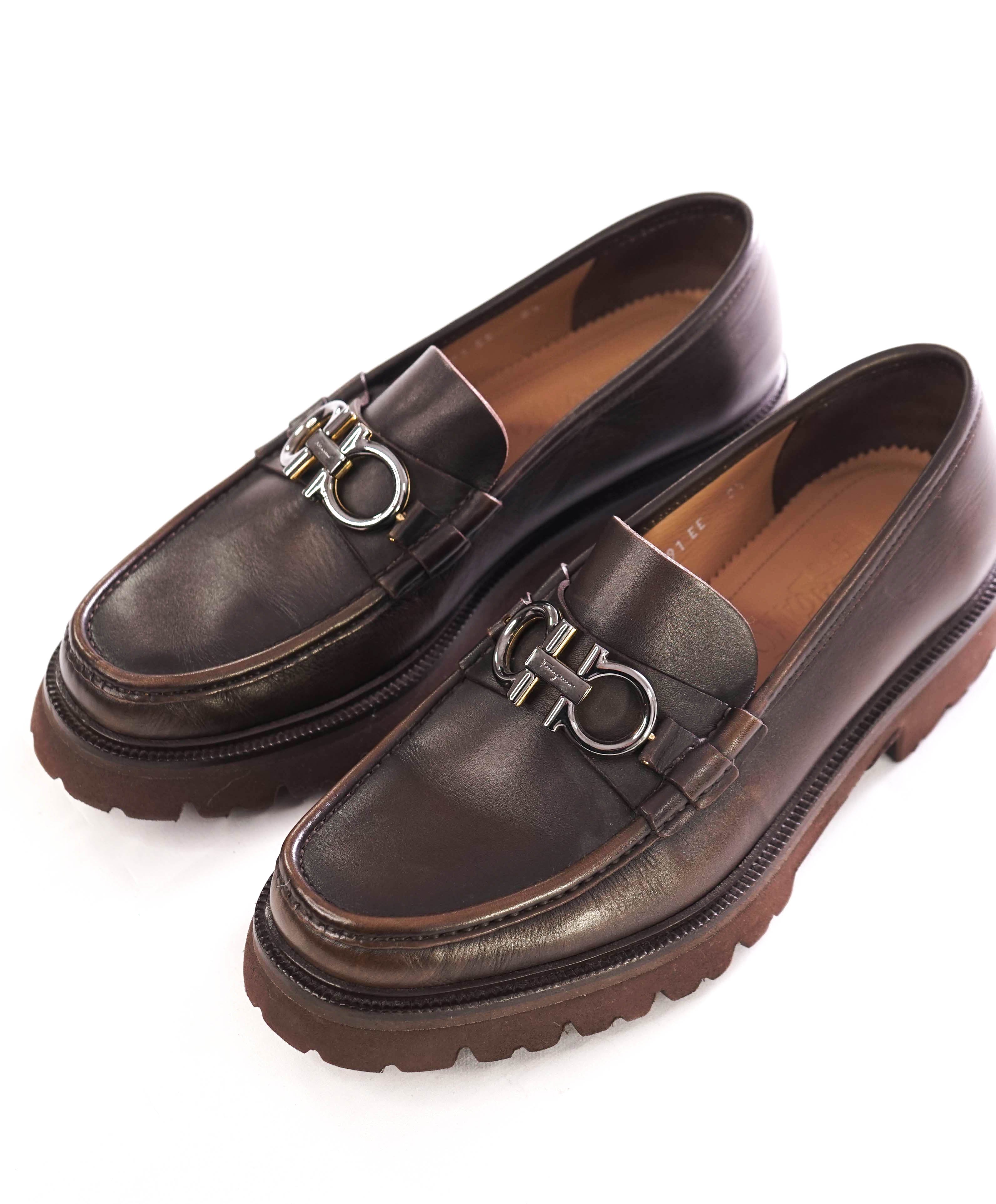 $930 SALVATORE FERRAGAMO - *BLEEKER* Brown Leather Lug Sole Loafer - 8.5 EE US