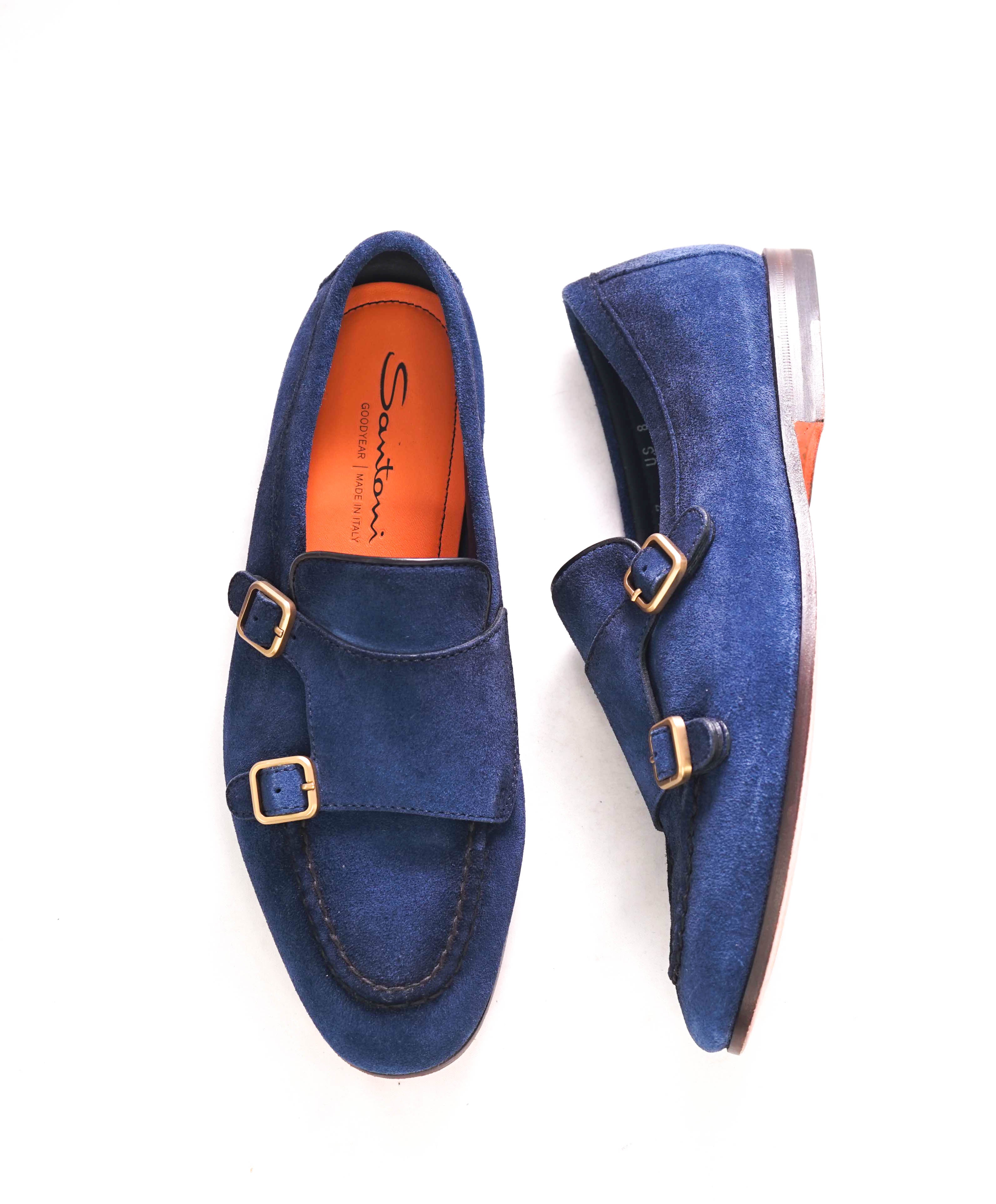 SANTONI - Blue Suede / Gold Monk Strap Venetian Loafers - 8 US (7 IT)