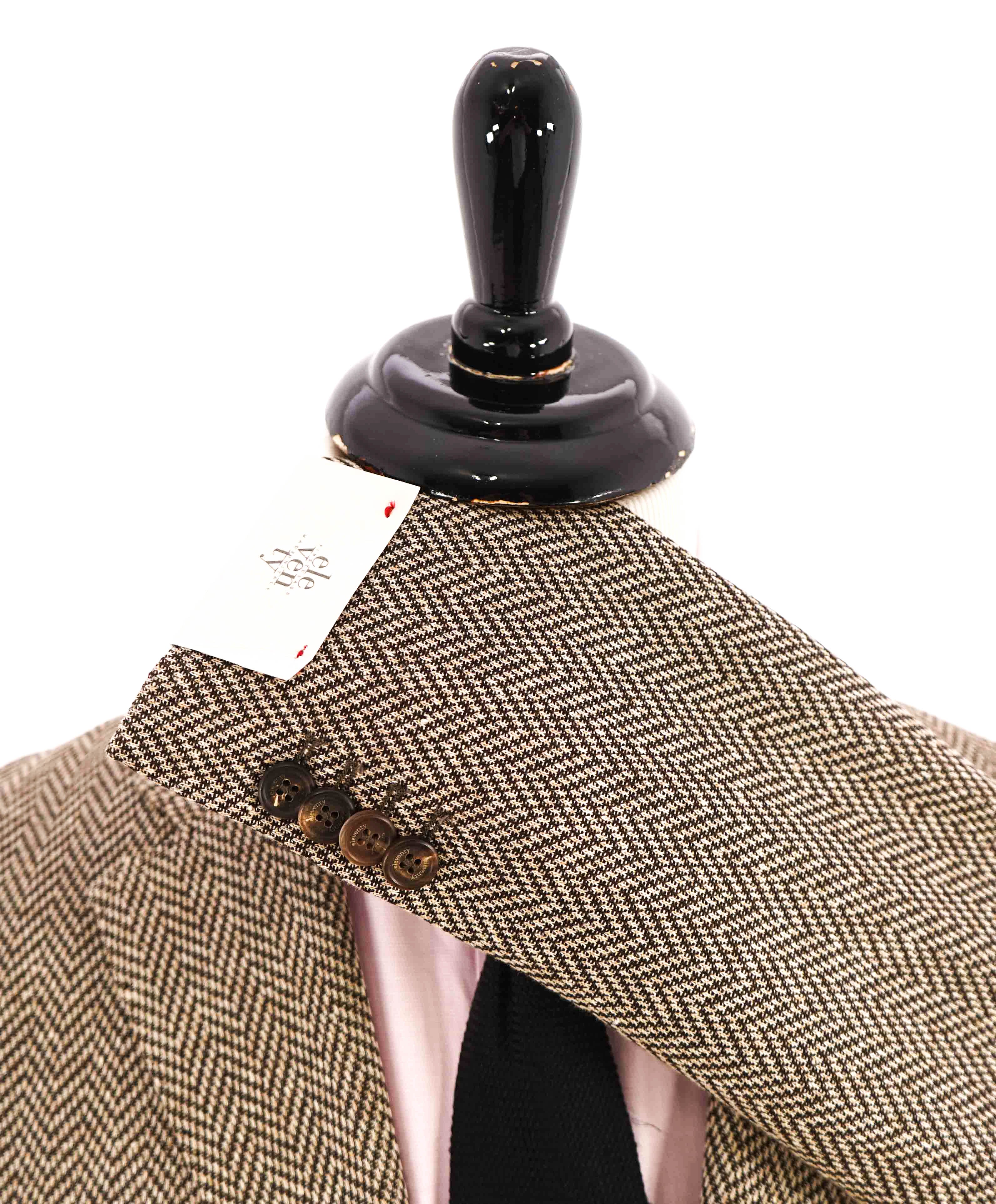 $1,095 ELEVENTY -Brown Herringbone Semi-Lined LINEN/COTTON Blazer- 40 (50 EU)