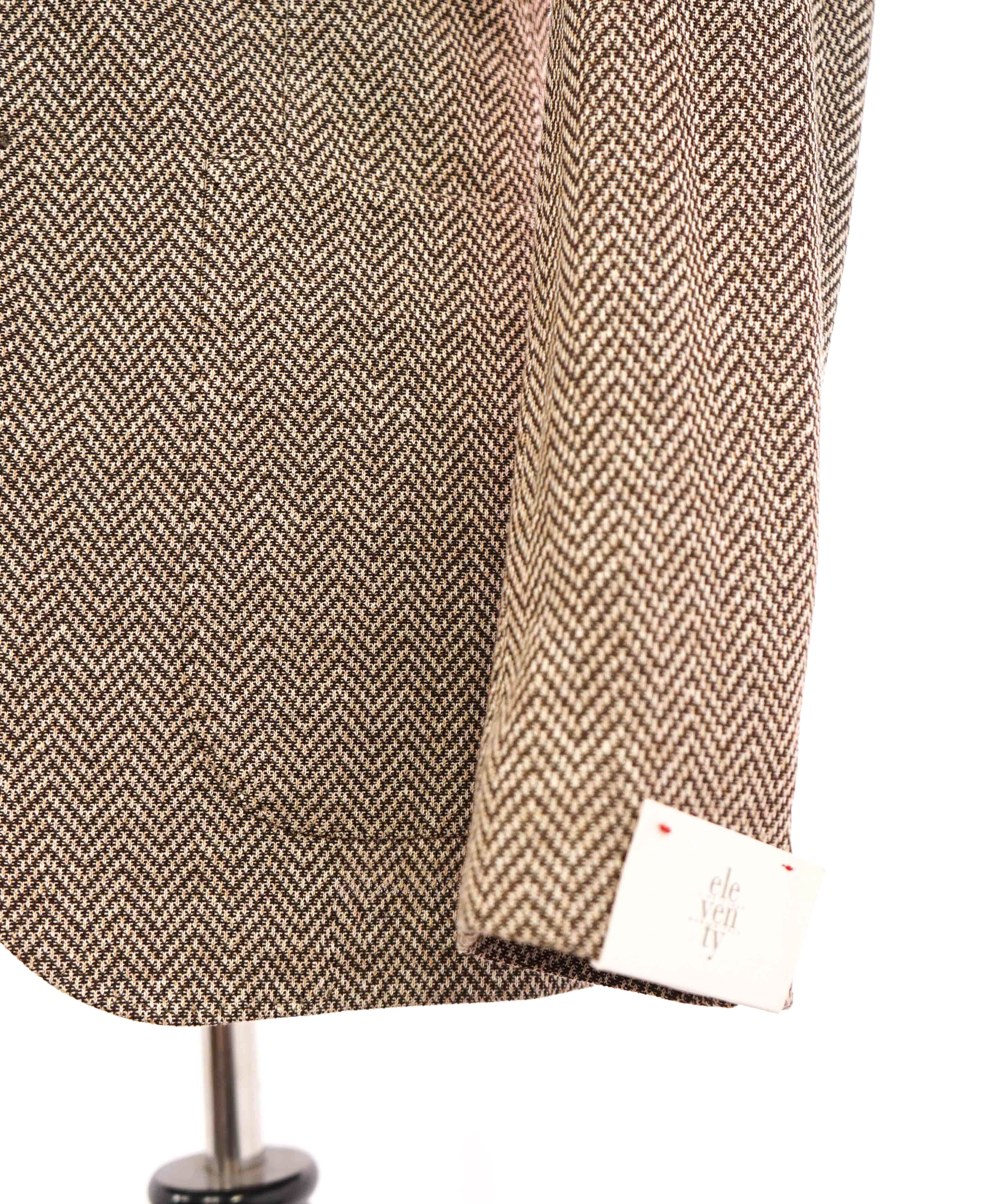 $1,095 ELEVENTY -Brown Herringbone Semi-Lined LINEN/COTTON Blazer- 42 (52 EU)