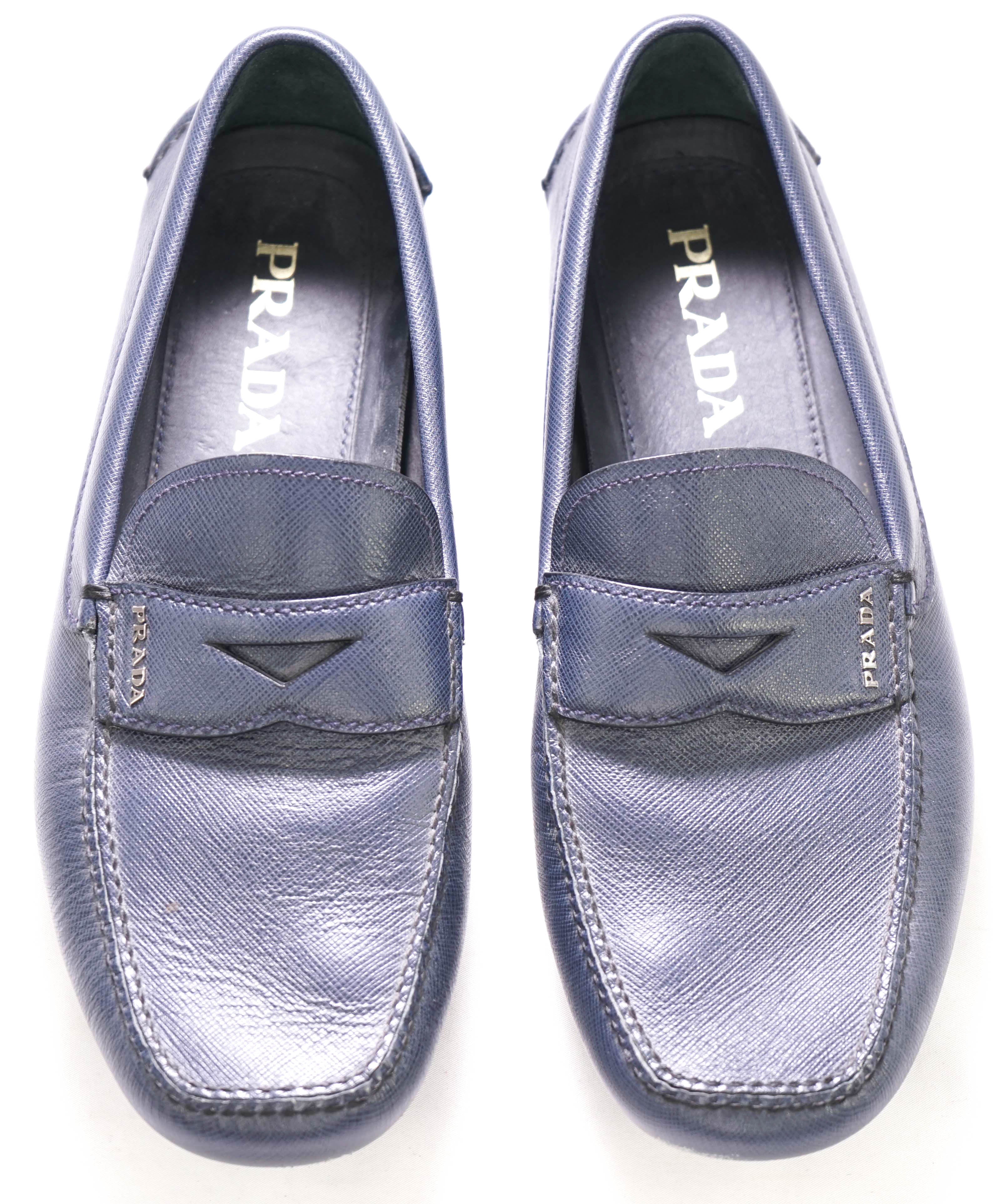 $850 PRADA - Navy Saffiano LOGO Leather Penny Loafers - 8US (7)