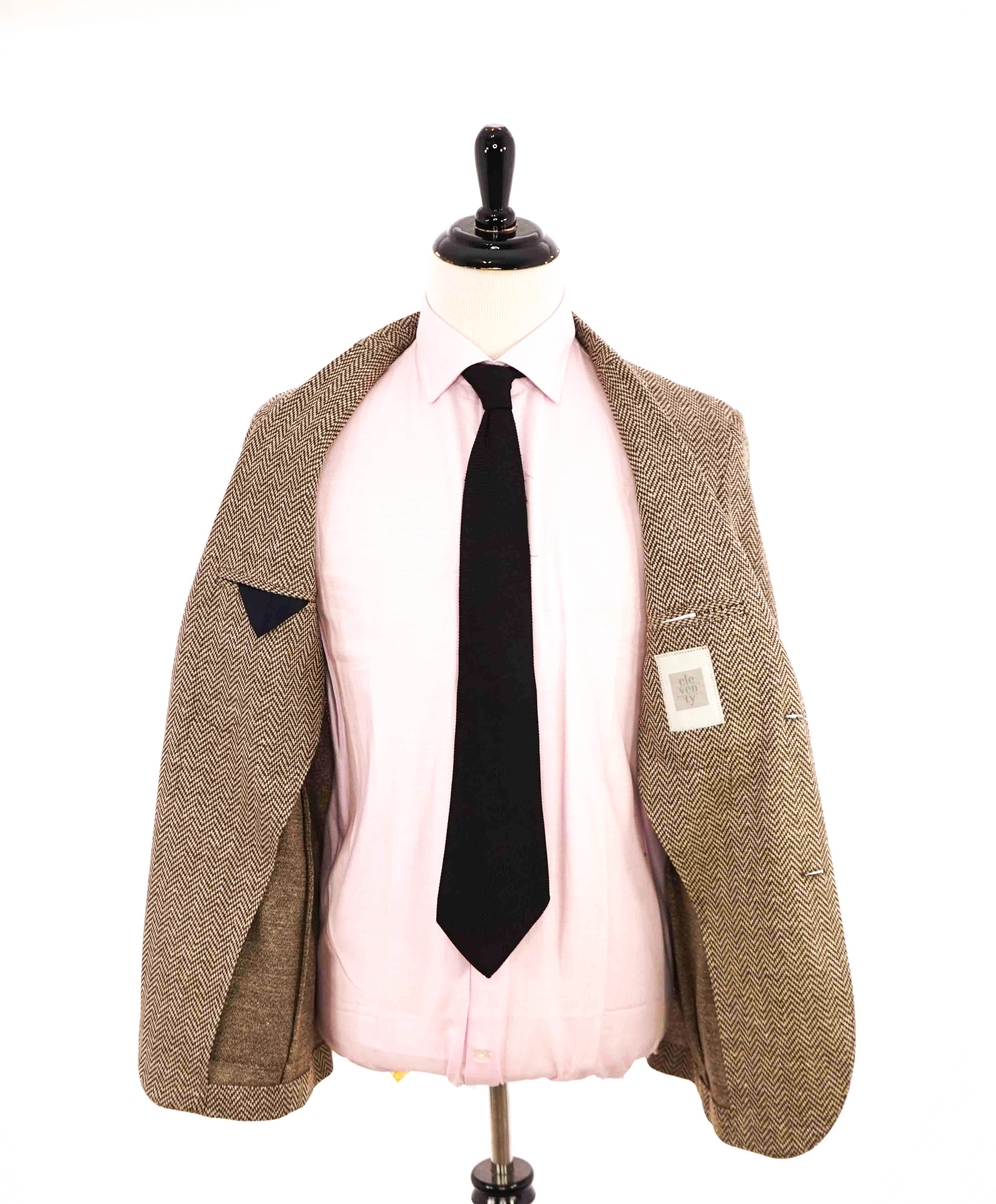 $1,095 ELEVENTY -Brown Herringbone Semi-Lined LINEN/COTTON Blazer- 42 (52 EU)