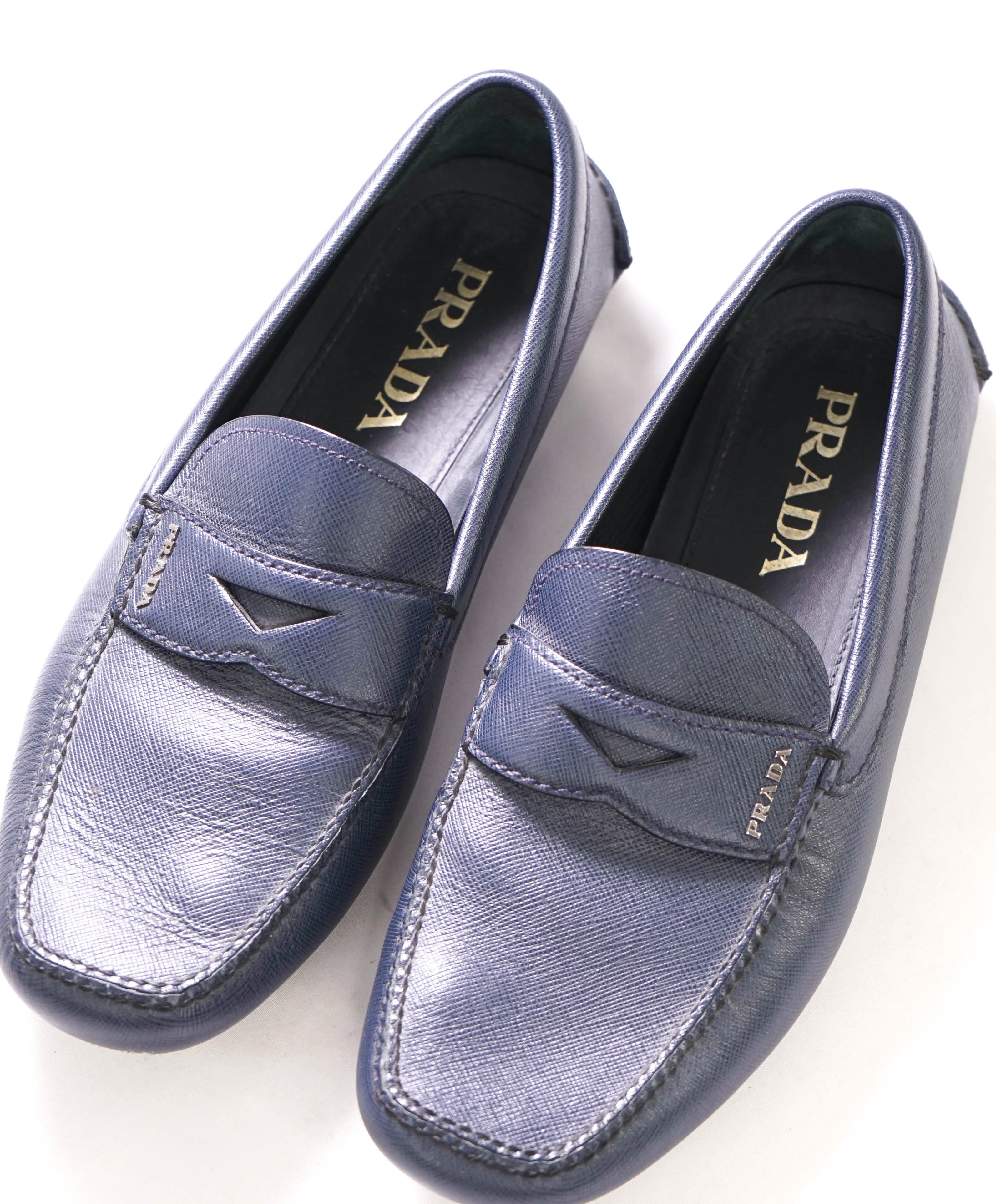 $850 PRADA - Navy Saffiano LOGO Leather Penny Loafers - 8US (7)