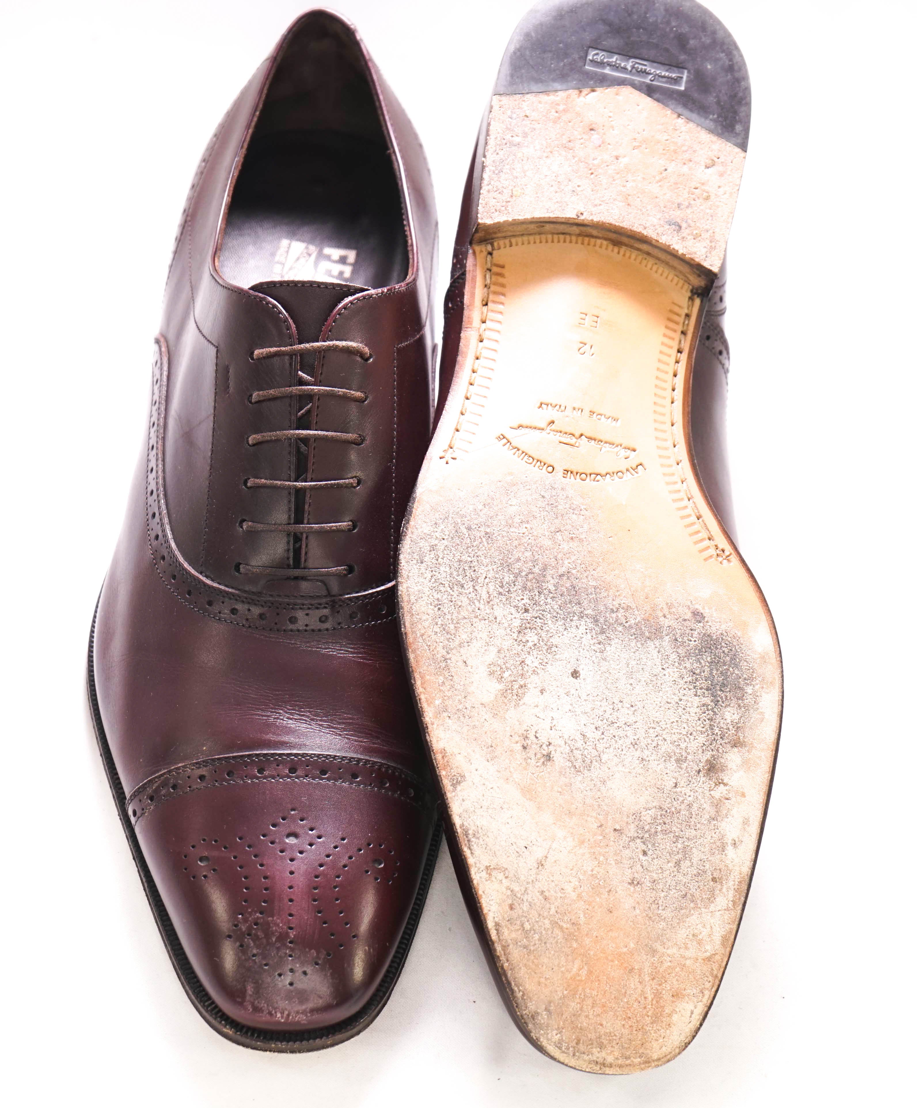 SALVATORE FERRAGAMO - “Caesy” Burgundy Brogue Oxford Cap Toe- 12 US