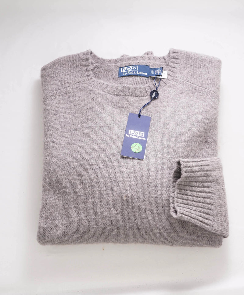 $348 POLO RALPH LAUREN - Gray  Crewneck Premium Wool Suede Patch Sweater - XL