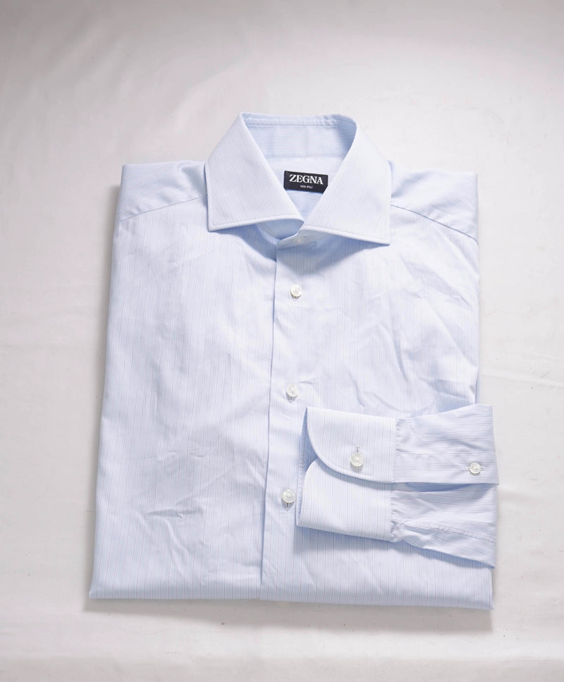 $575 ZEGNA - (ERMENEGILDO) "100 Fili" Blue Subtle Stripe Button Down Shirt - 15.5 (39)