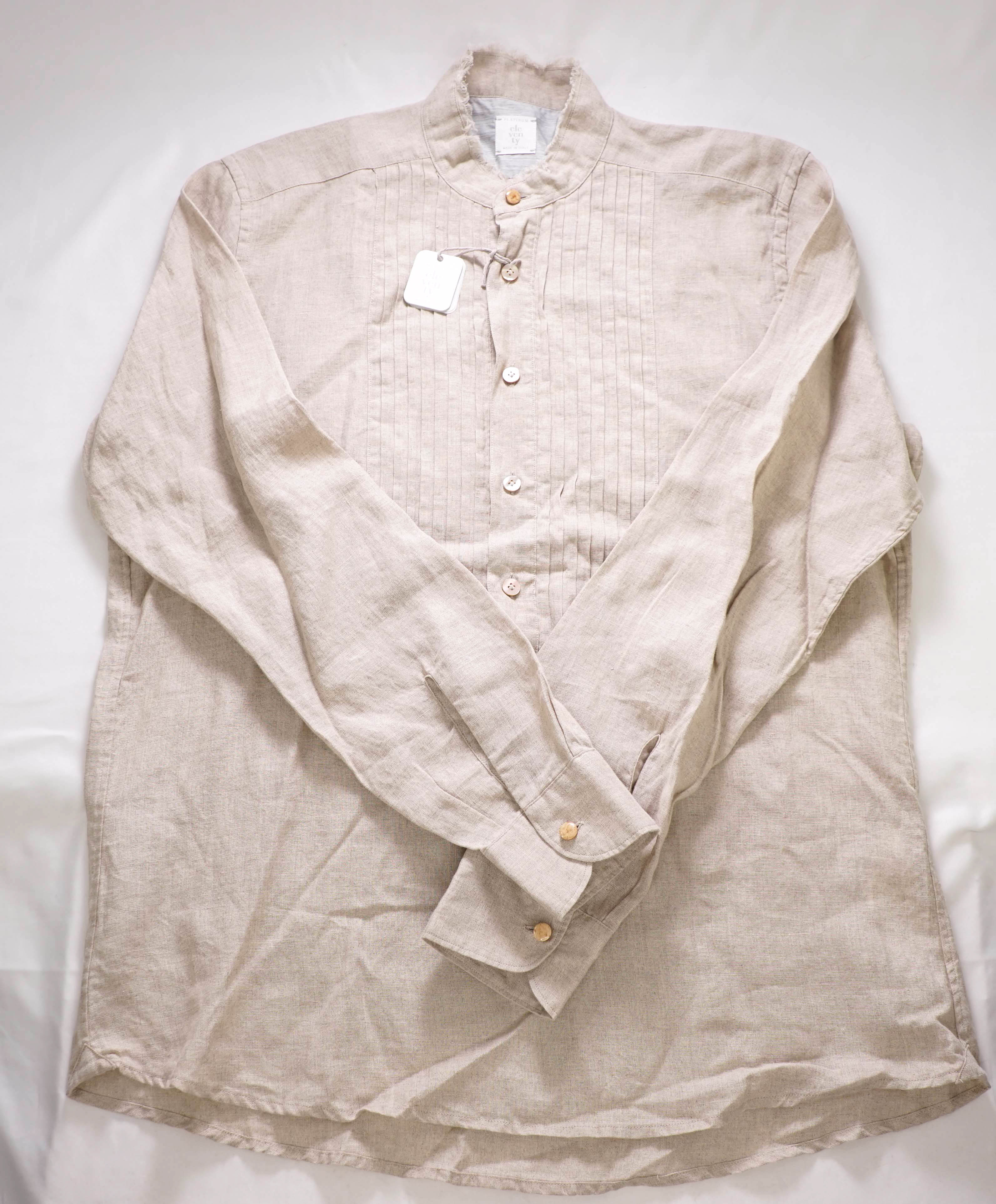 $495 ELEVENTY - LINEN Popover *PLEATED* Ivory MOP Button Down Shirt - M