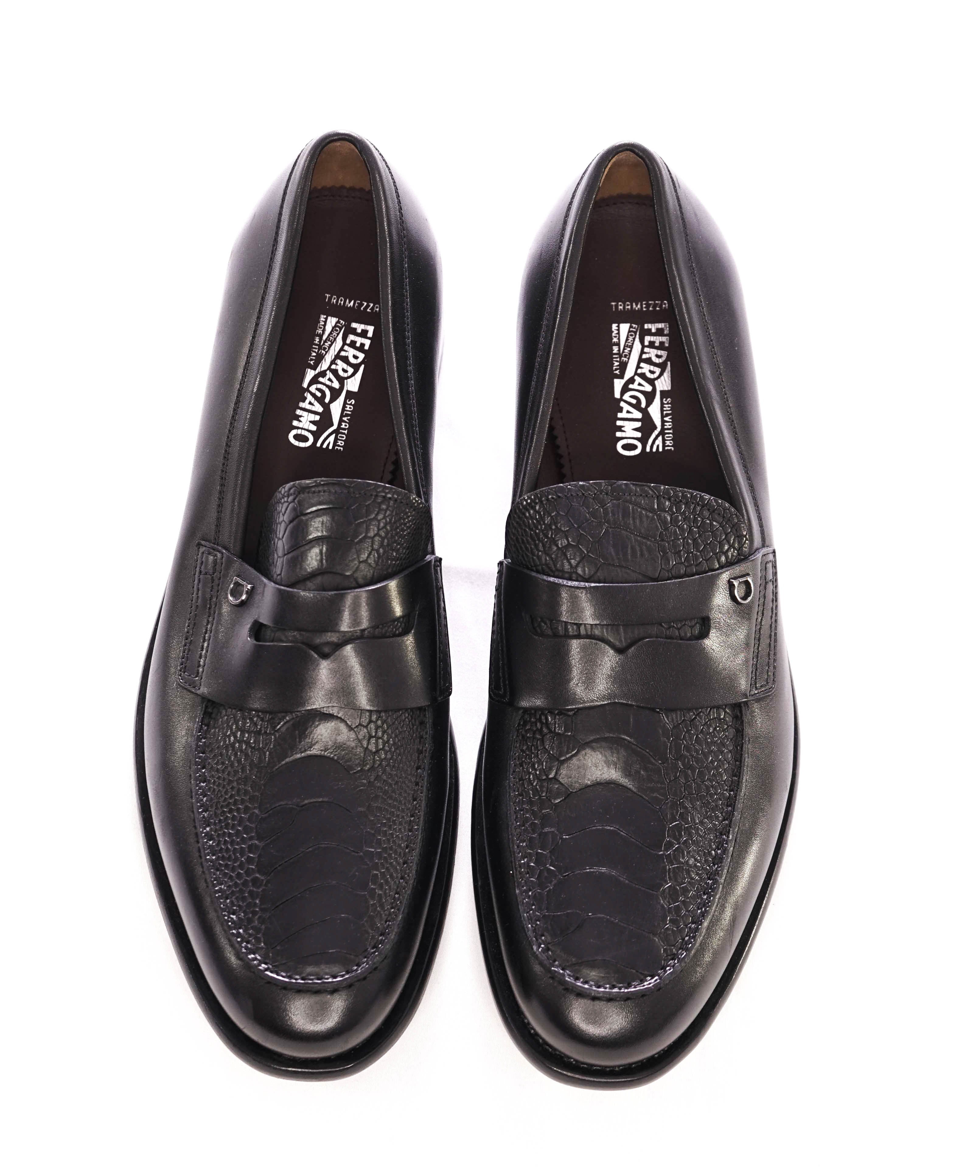 $2,250 SALVATORE FERRAGAMO - "TRAMEZZA" PYTHON & Leather Penny Loafers - 11.5 D