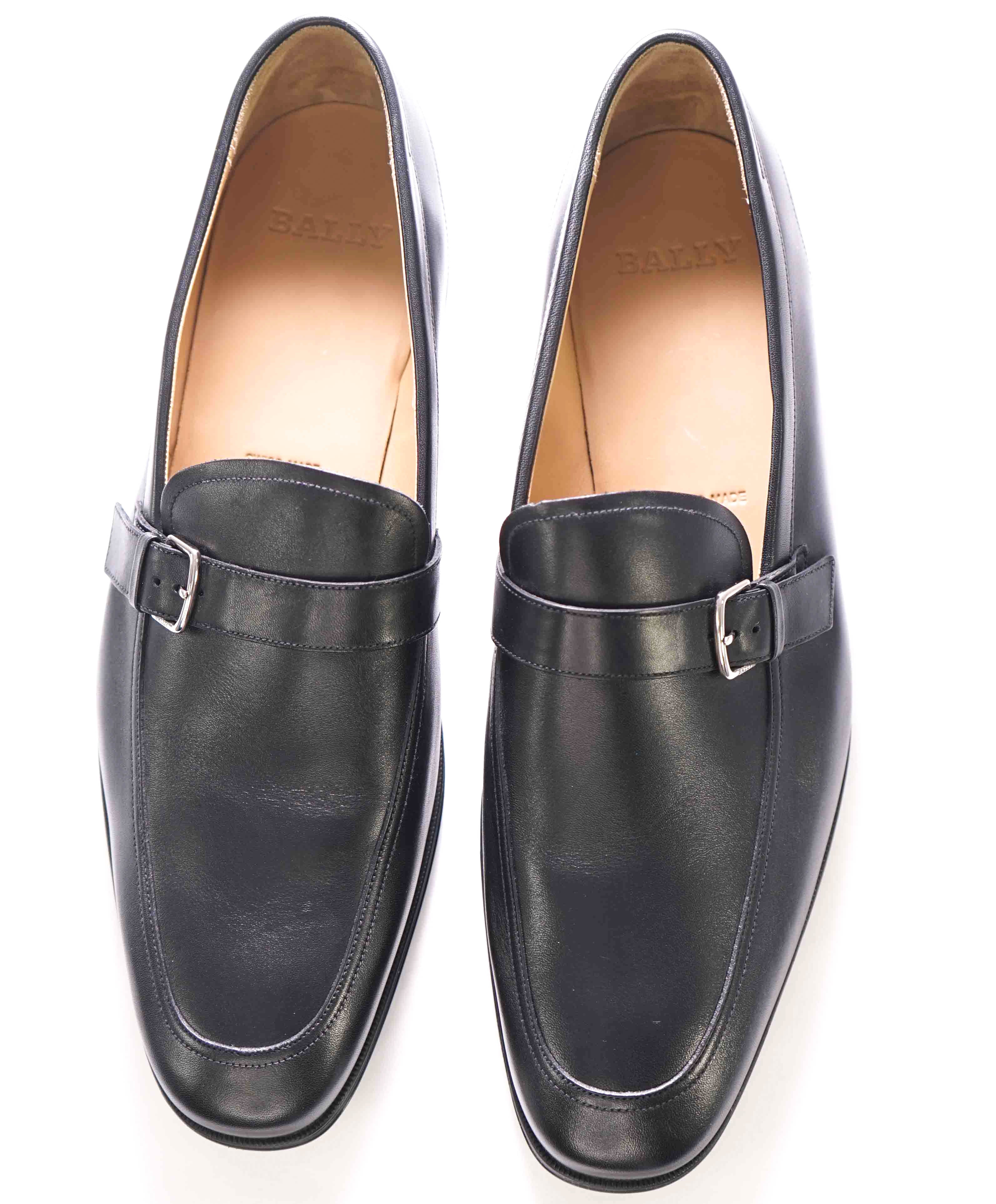 $680 BALLY - Black Logo Buckle Rubber Sole Loafers - 12US