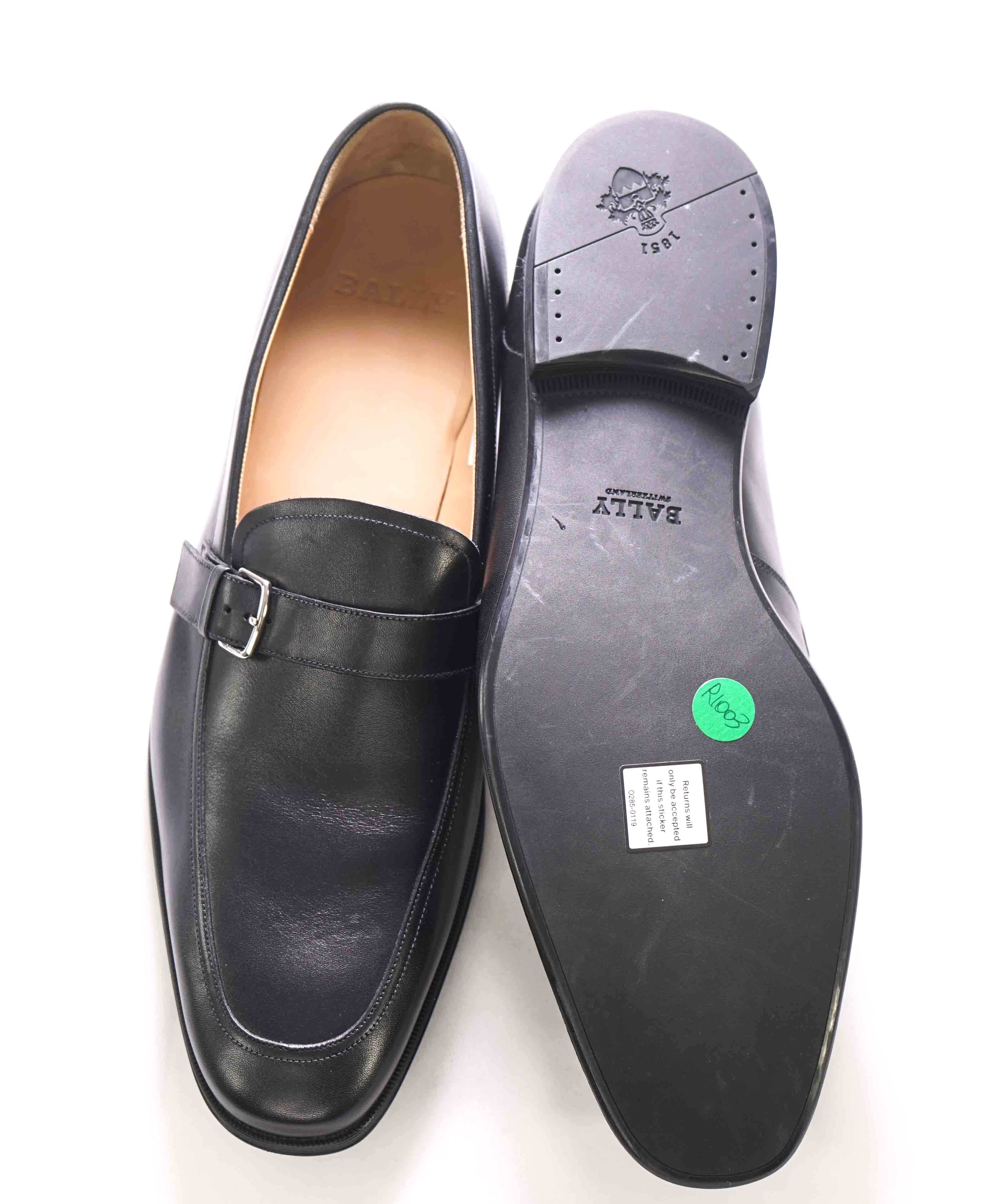 $680 BALLY - Black Logo Buckle Rubber Sole Loafers - 12US