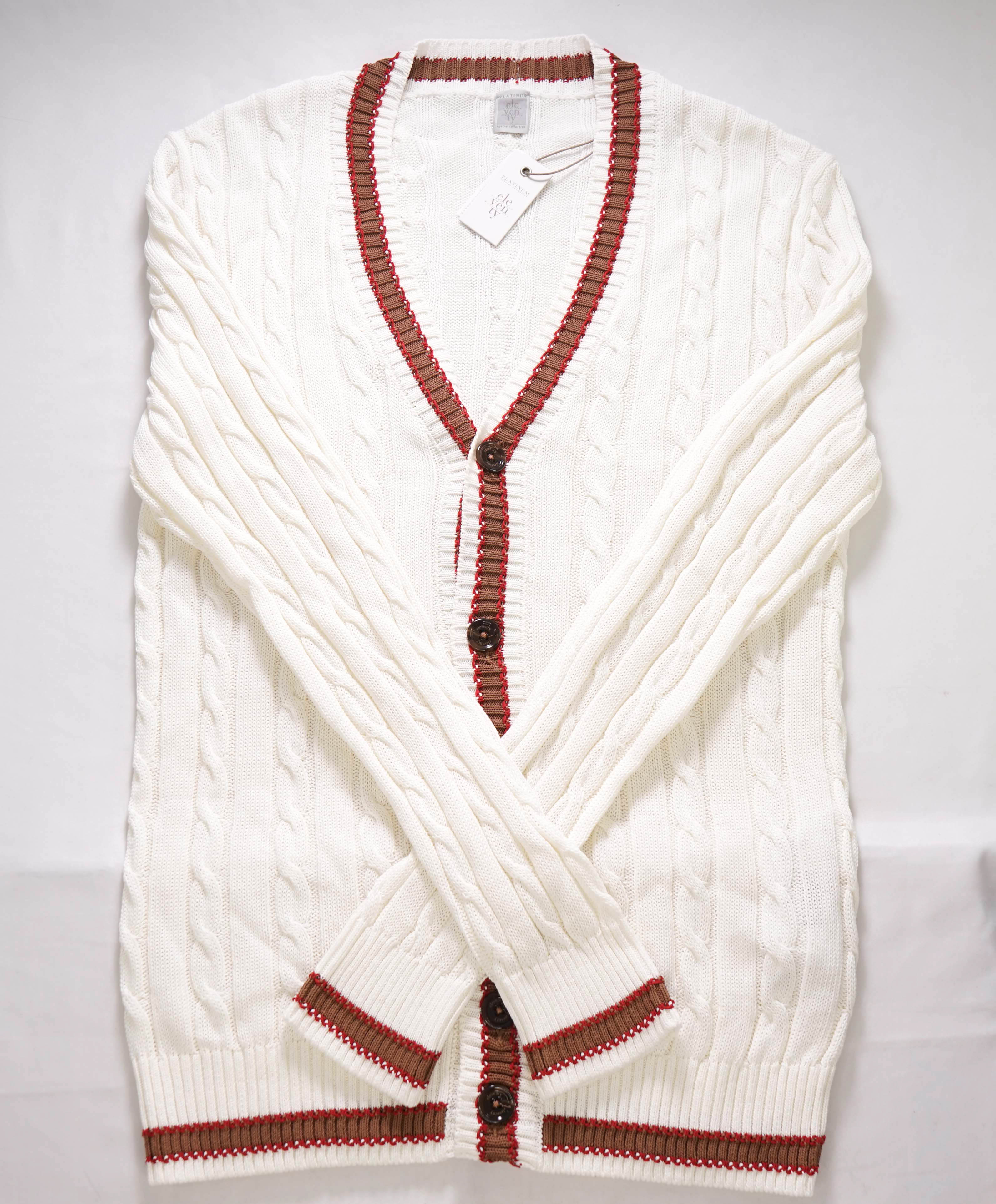 $795 ELEVENTY - Ivory/Brown Cotton Cable Knit Tipped Cardigan Sweater- M