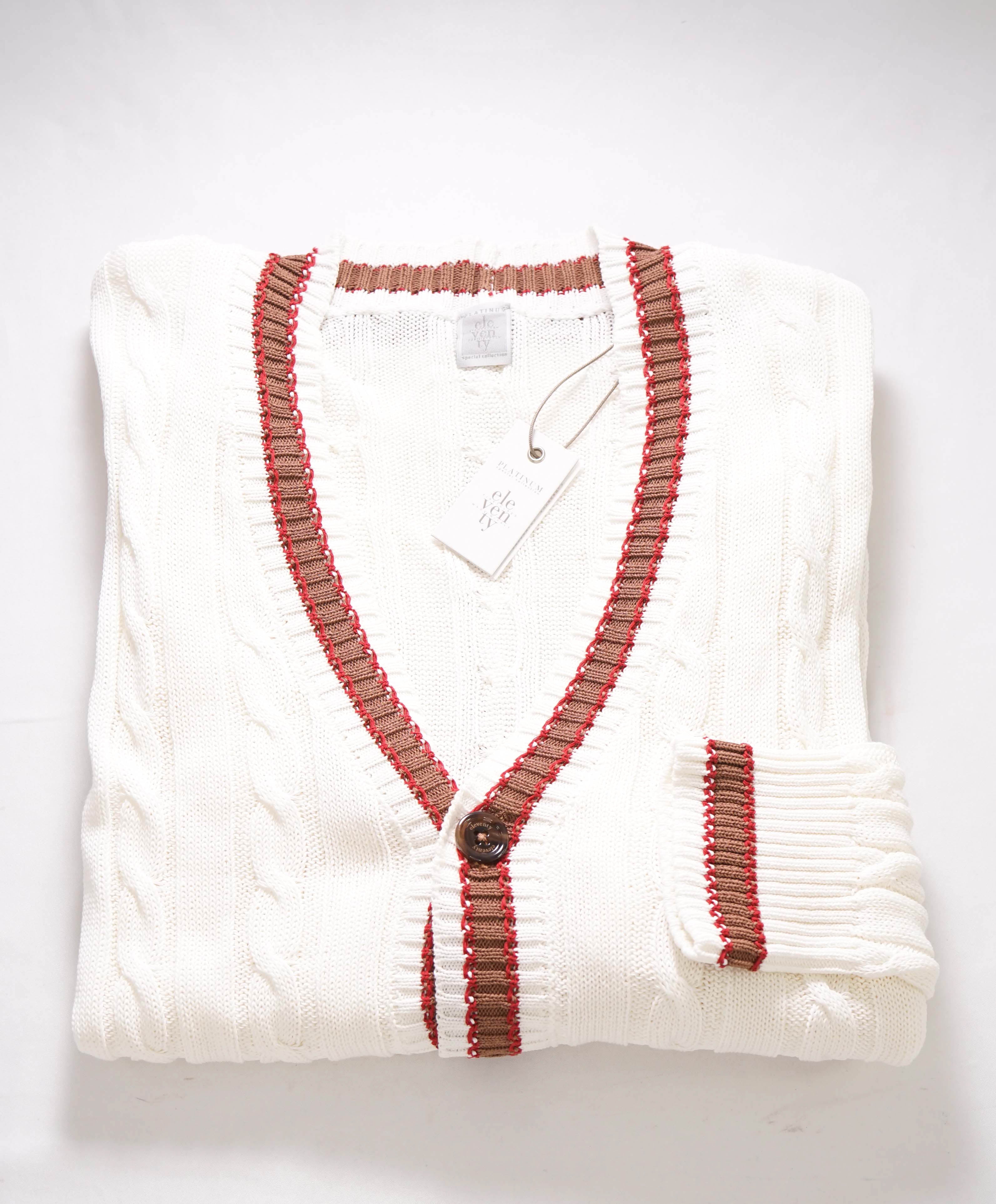 $795 ELEVENTY - Ivory/Brown Cotton Cable Knit Tipped Cardigan Sweater- M