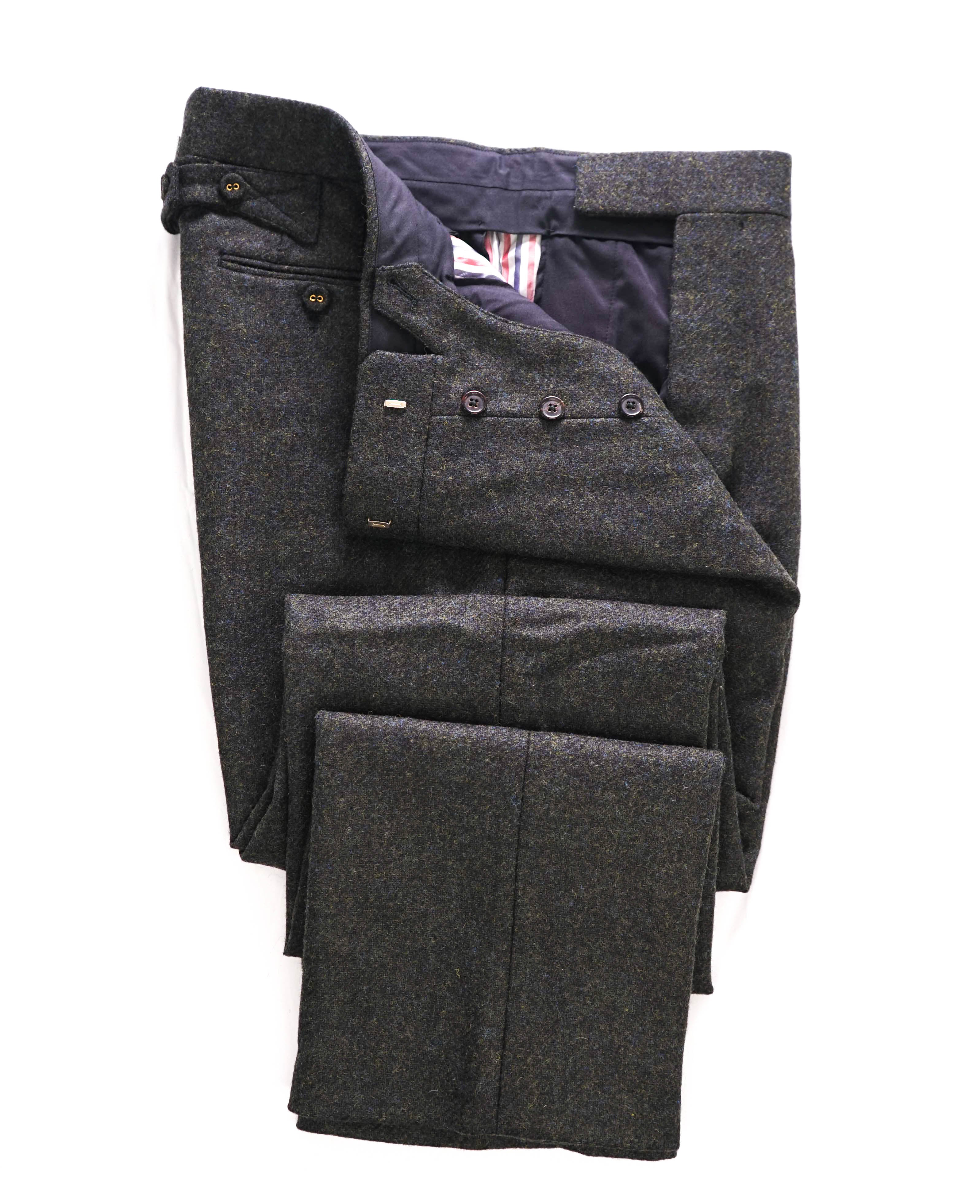 $3,200 THOM BROWNE - Hunter Green Flannel Dress Pants Side Tabs- (SZ 2) 33W