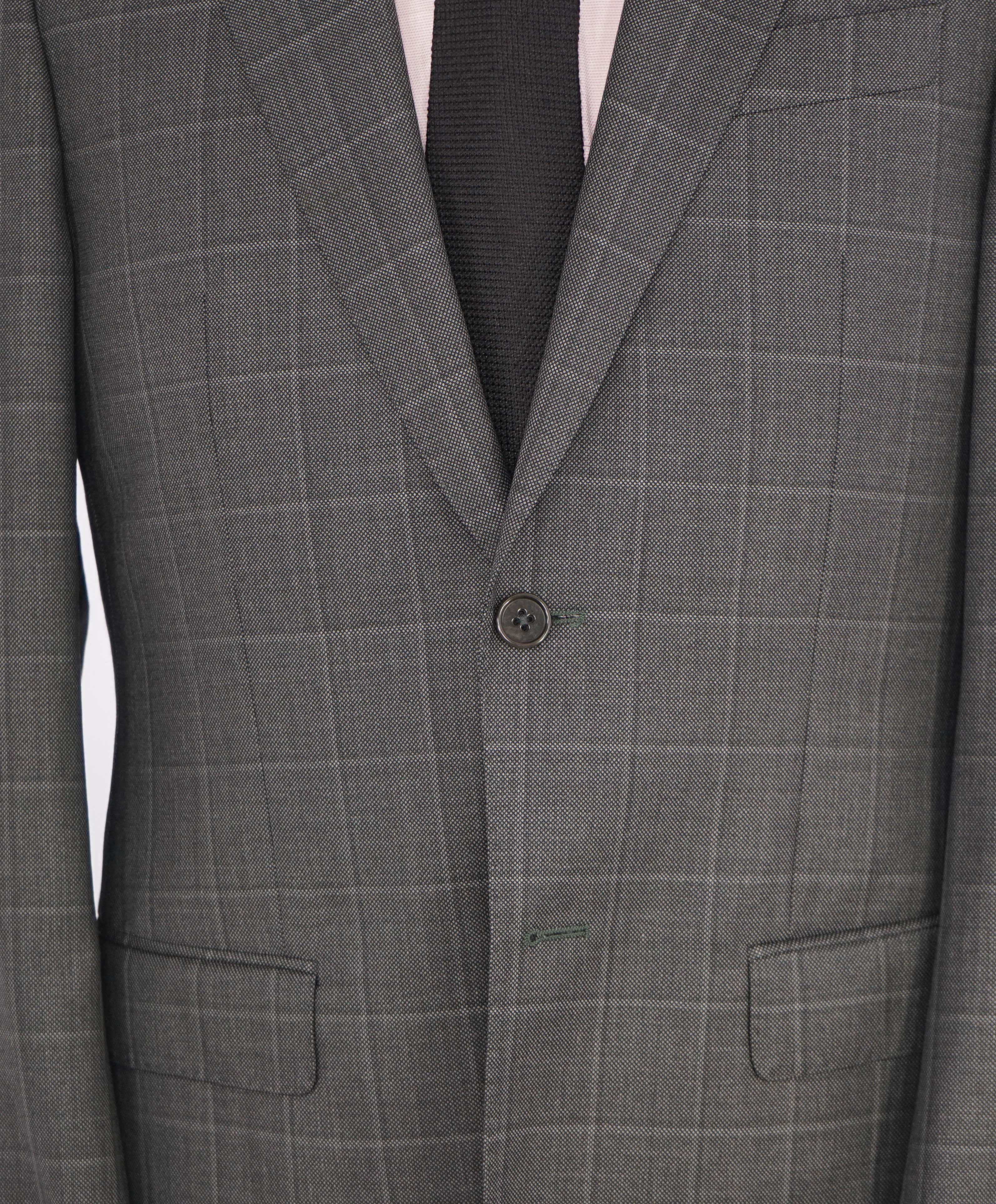 $1,995 EMPORIO ARMANI - “G LINE” Gray 2-Btn Windowpane Notch Lapel 140's Suit - 38R