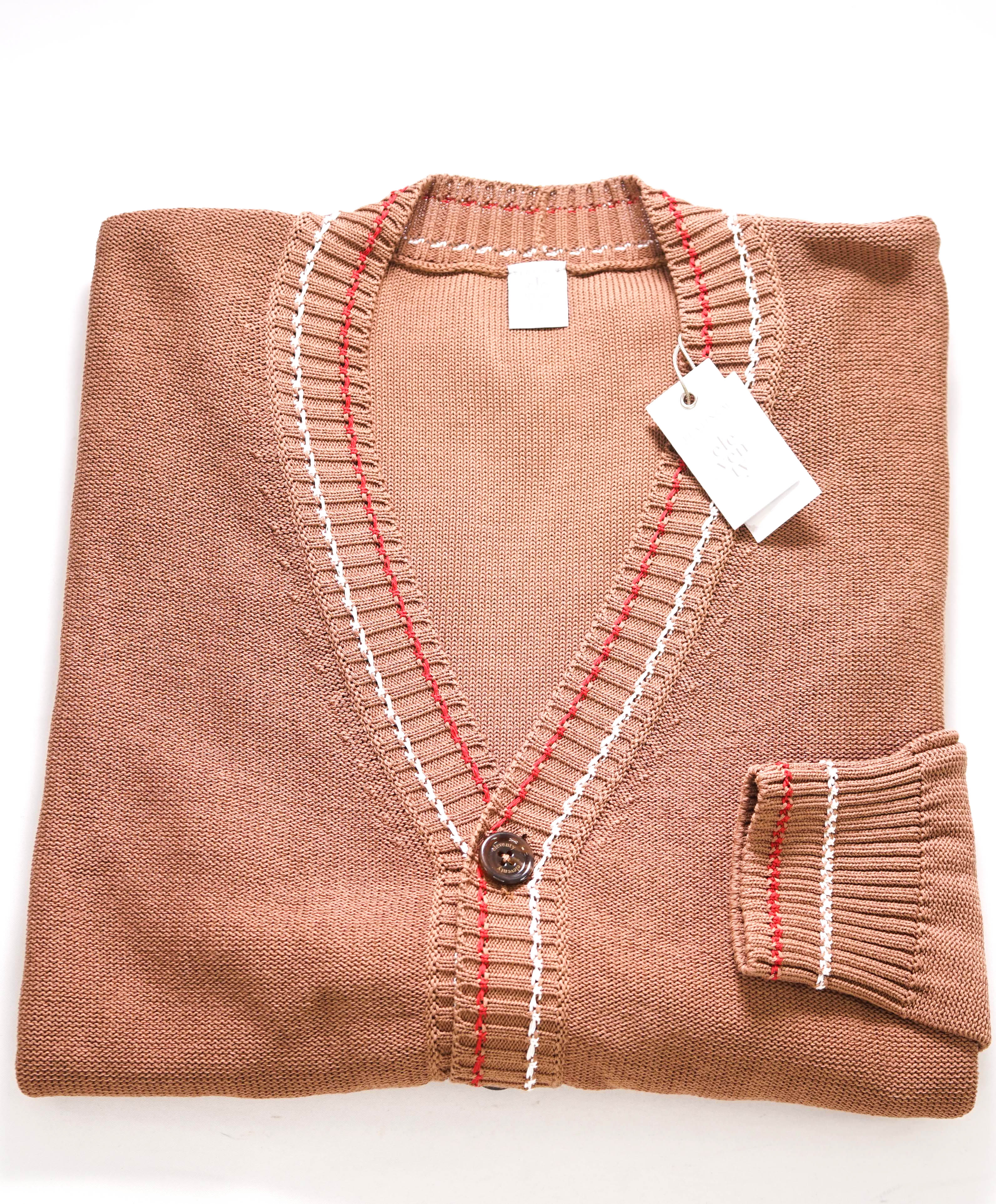 $795 ELEVENTY -Brown/Ivory/Red Cotton Tipped Cardigan Sweater- M