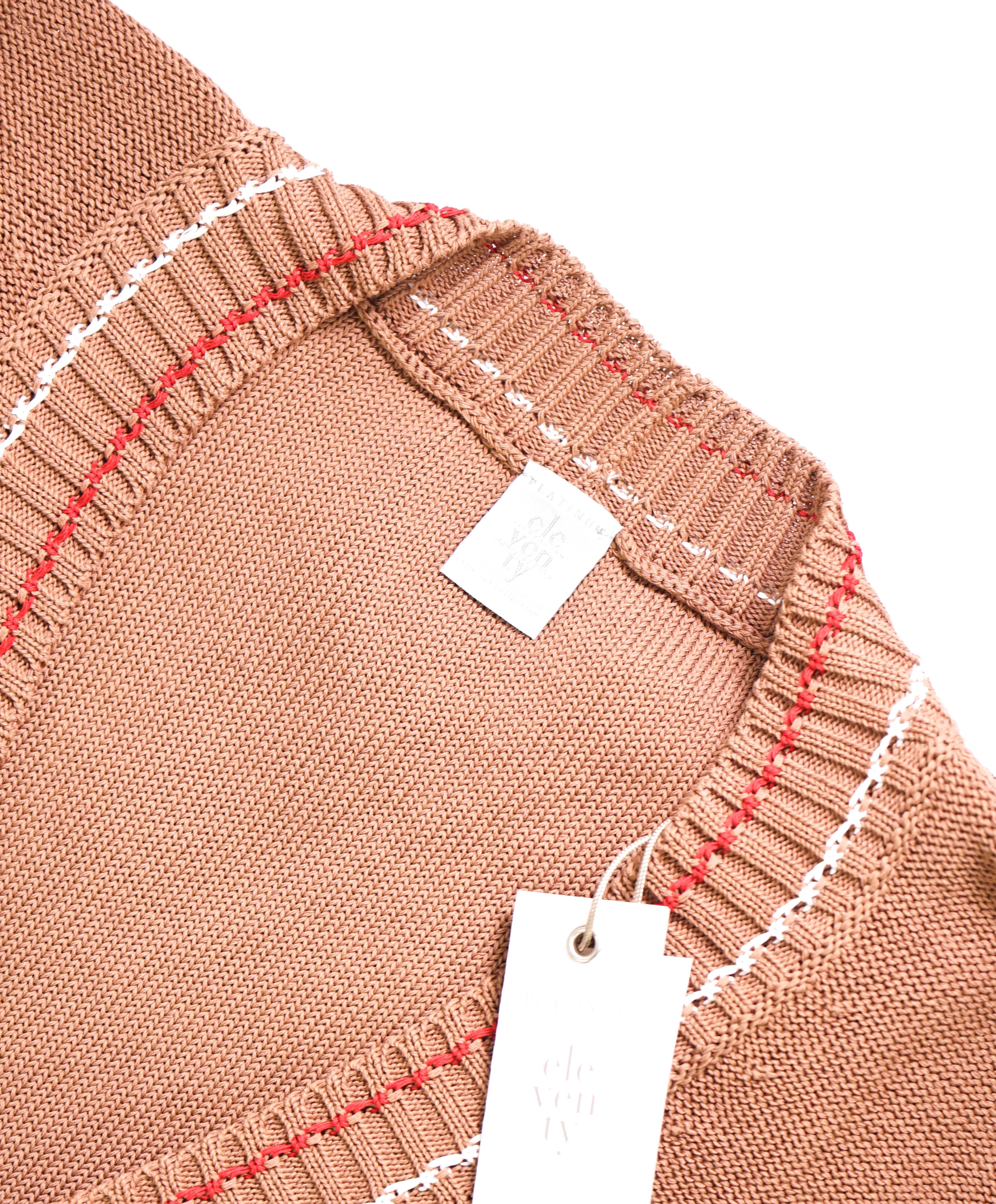 $795 ELEVENTY -Brown/Ivory/Red Cotton Tipped Cardigan Sweater- M