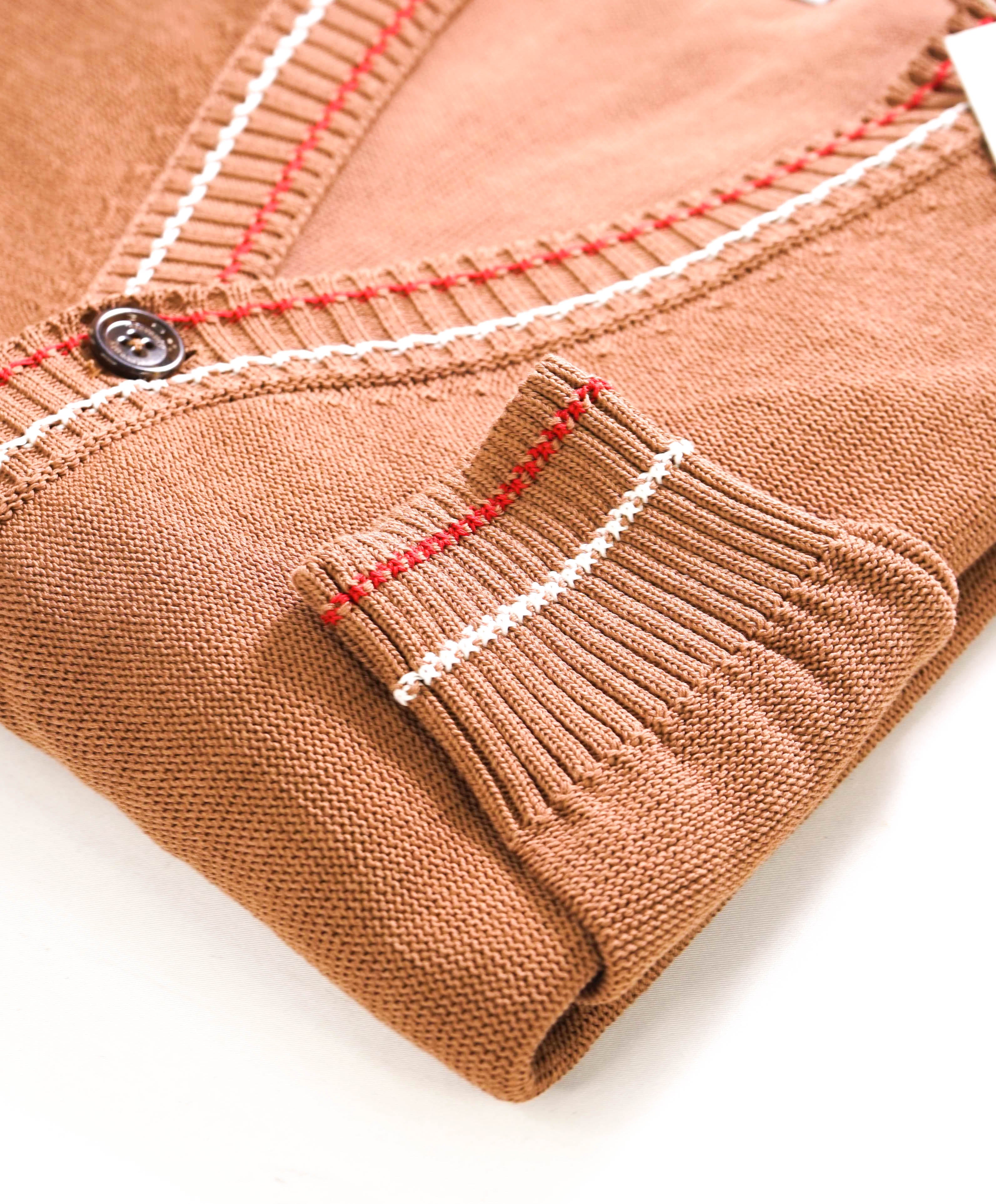 $795 ELEVENTY -Brown/Ivory/Red Cotton Tipped Cardigan Sweater- M