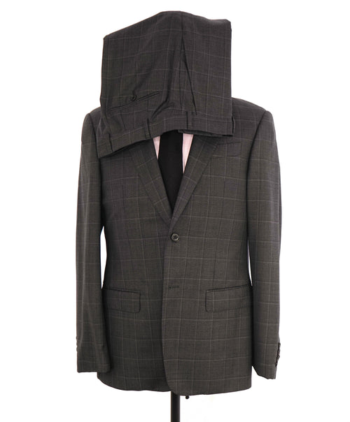 $1,995 EMPORIO ARMANI - “G LINE” Gray 2-Btn Windowpane Notch Lapel 140's Suit - 38R