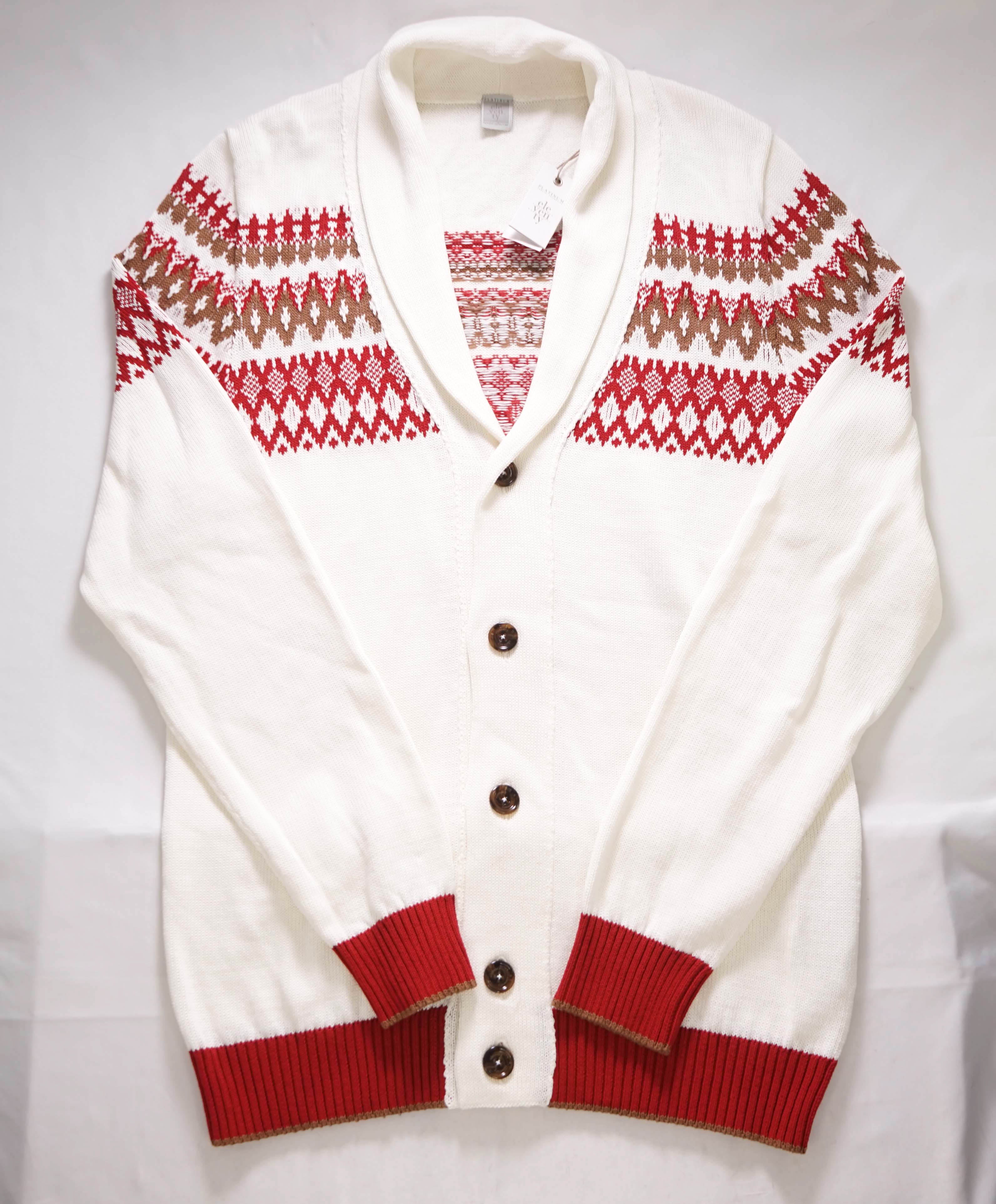 $745 ELEVENTY - Ivory/Red Cotton Shawl Collar Fair Isle Cardigan Sweater - M