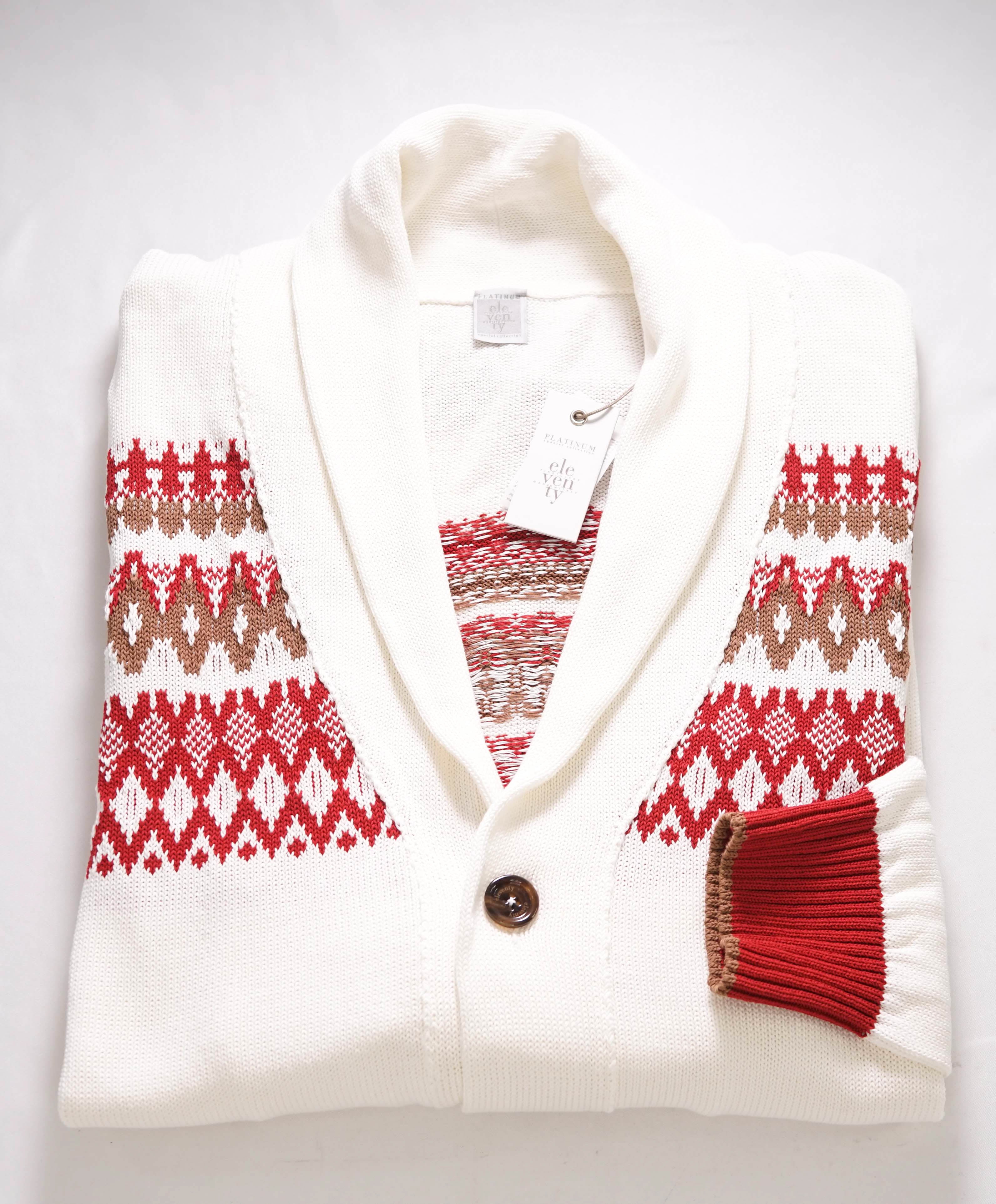 $745 ELEVENTY - Ivory/Red Cotton Shawl Collar Fair Isle Cardigan Sweater - M