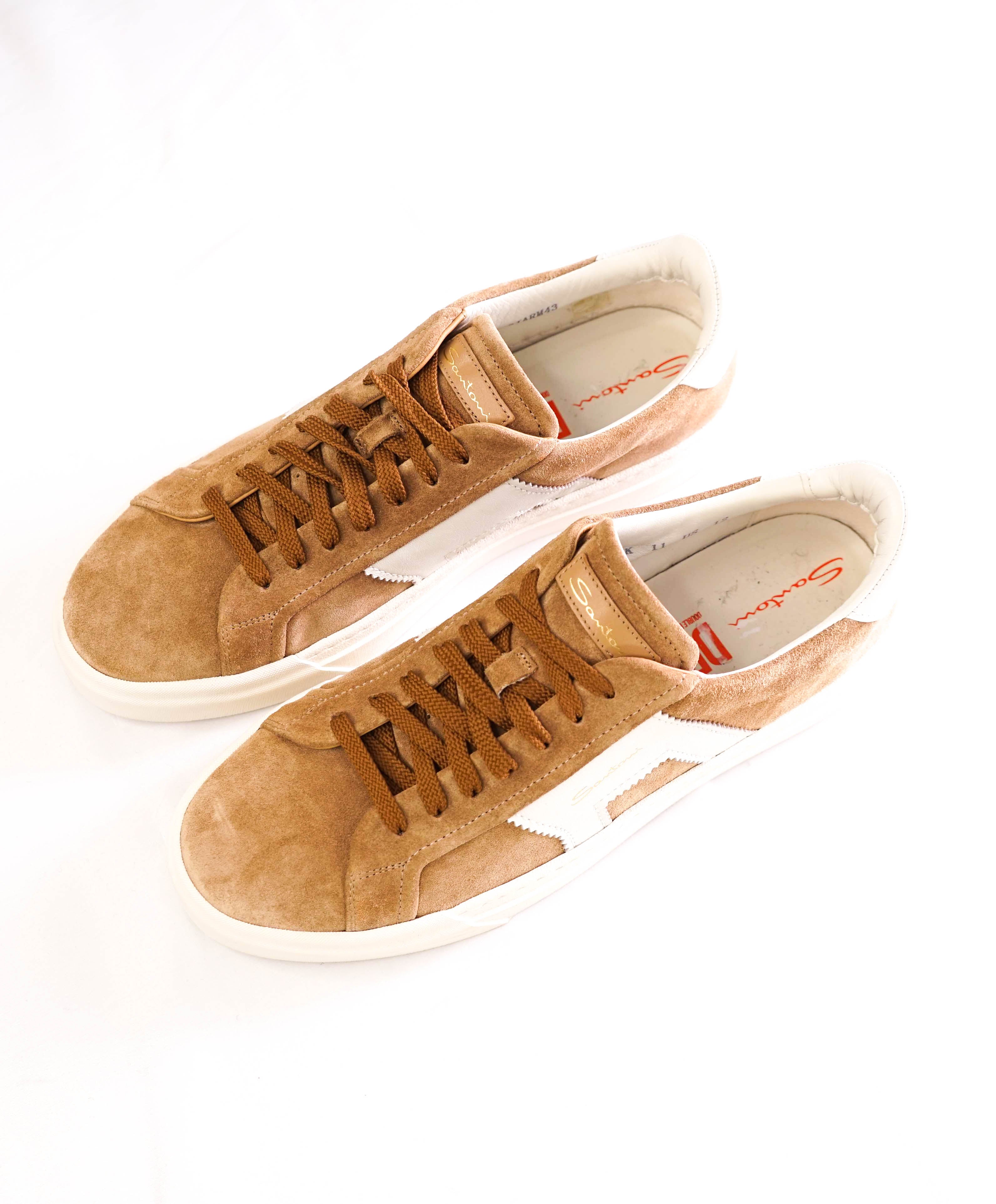 $795 SANTONI - Neutral Suede Double Buckle Full Leather Sneakers - 12 US (11 IT)