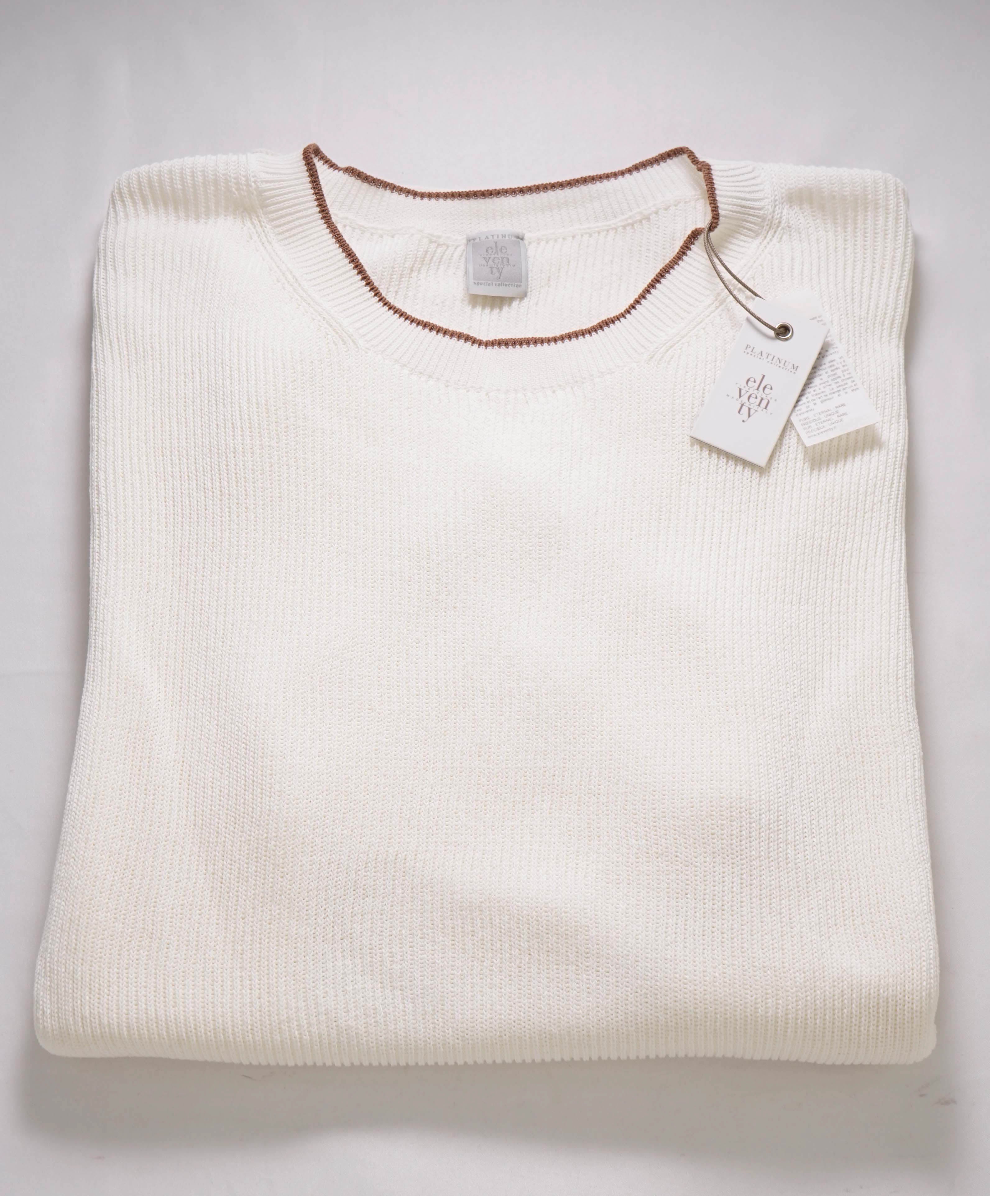 $395 ELEVENTY - Ivory/Brown Crewneck Premium Short Sleeve Sweater - M