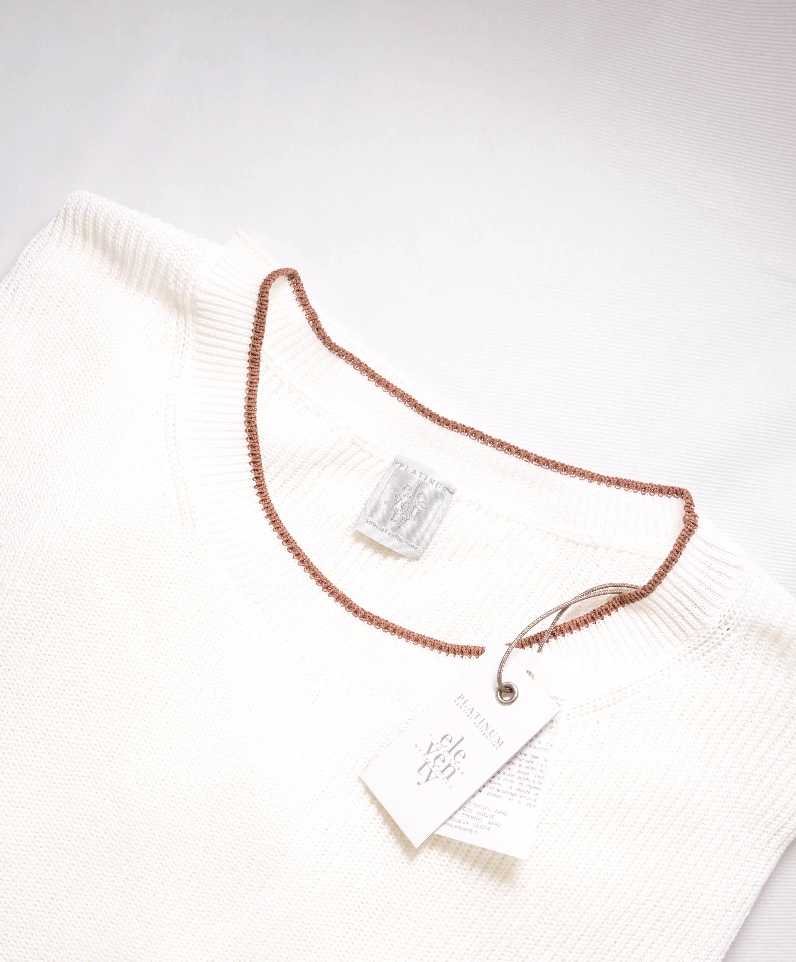 $395 ELEVENTY - Ivory/Brown Crewneck Premium Short Sleeve Sweater - M