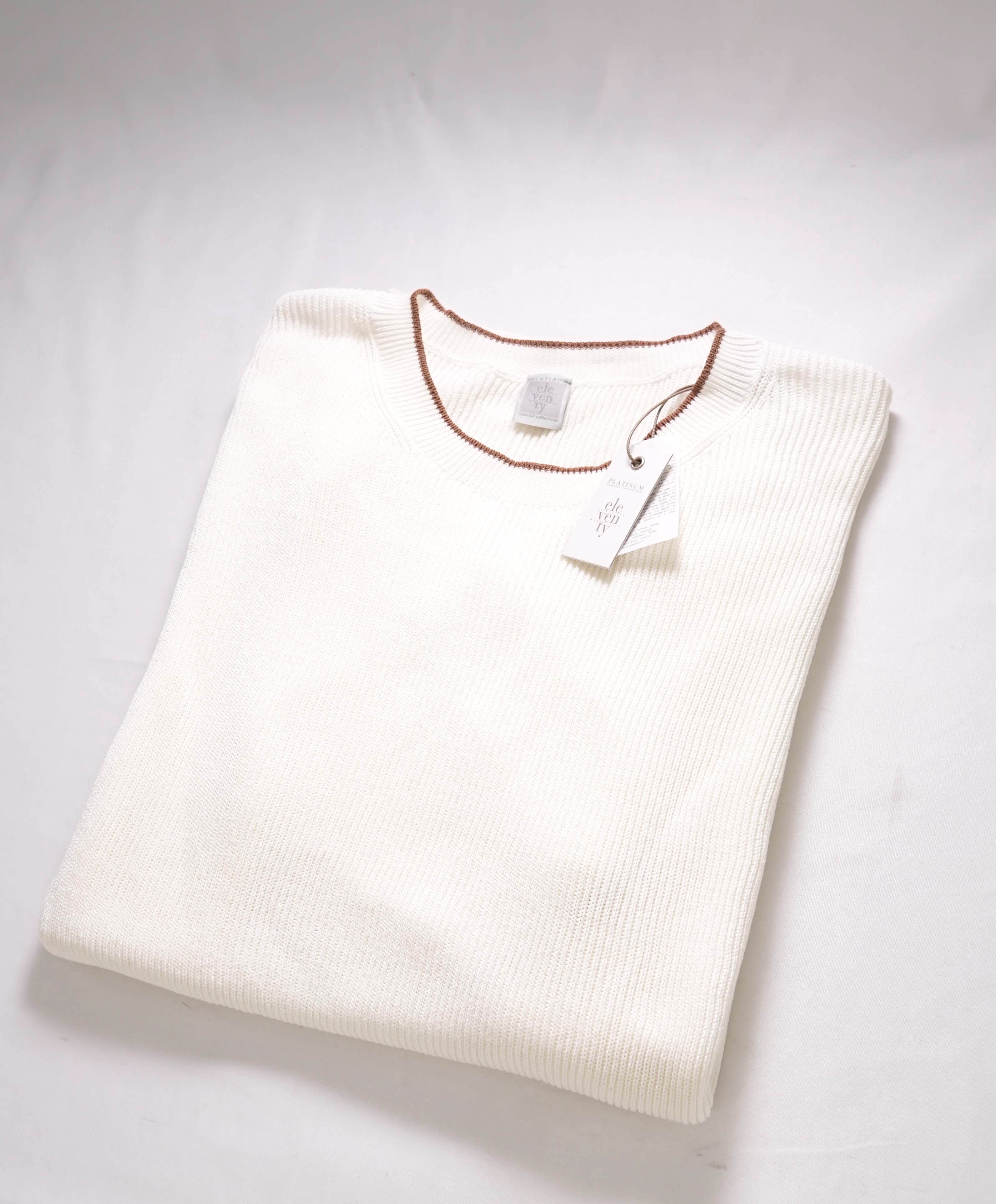 $395 ELEVENTY - Ivory/Brown Crewneck Premium Short Sleeve Sweater - M