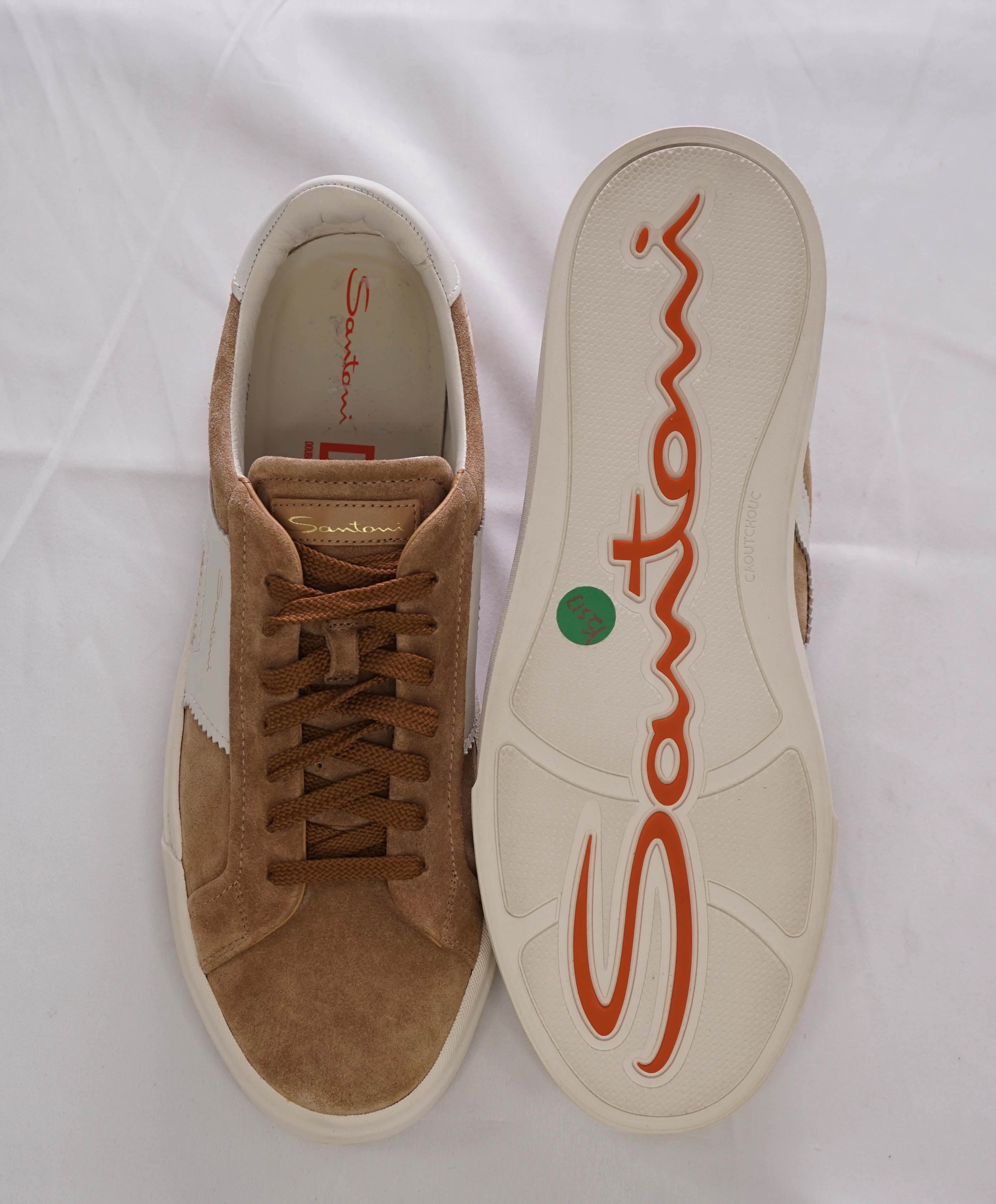 $795 SANTONI - Neutral Suede Double Buckle Full Leather Sneakers - 12 US (11 IT)