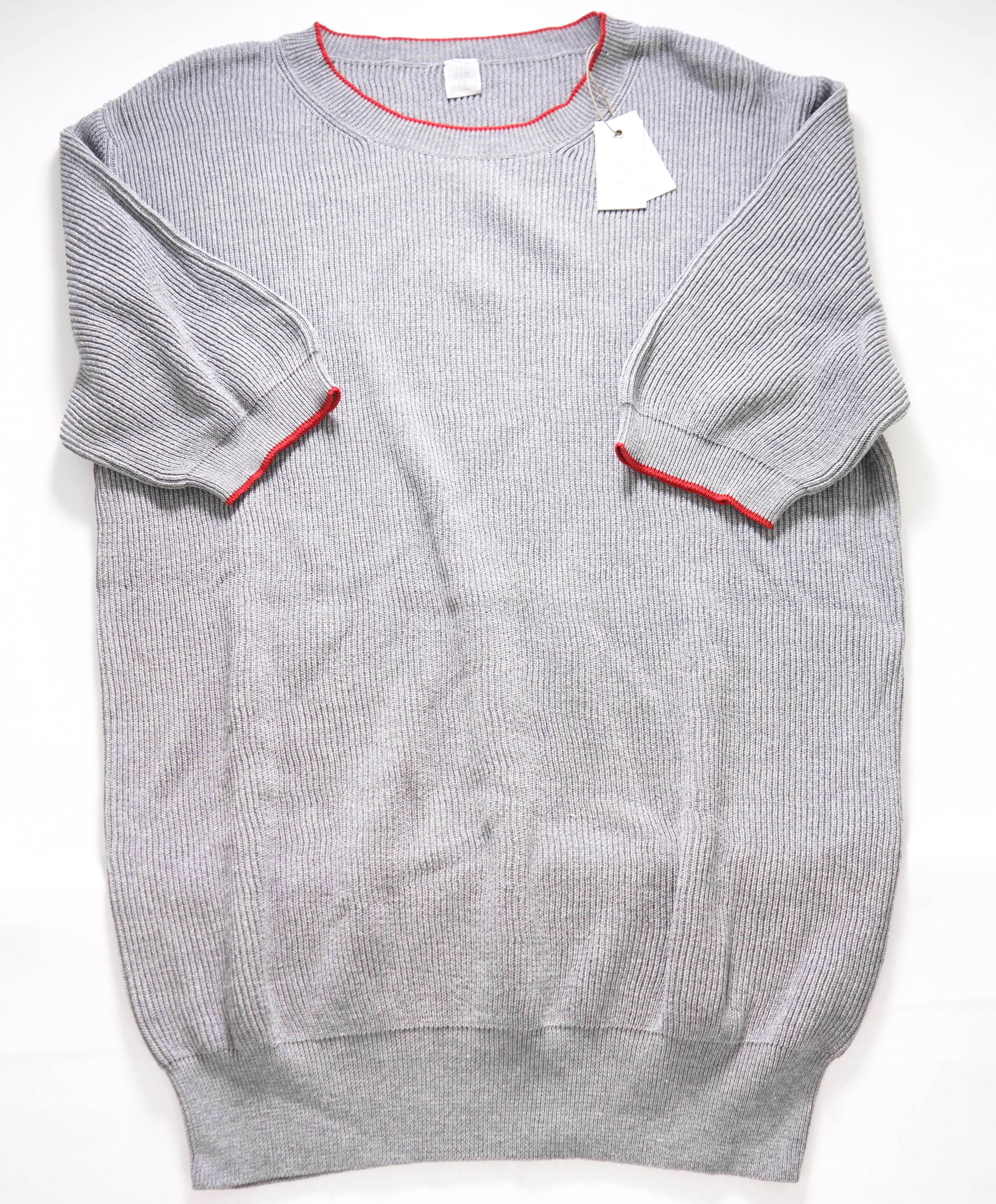 $395 ELEVENTY - Grey/Red Crewneck Premium Short Sleeve Sweater - M