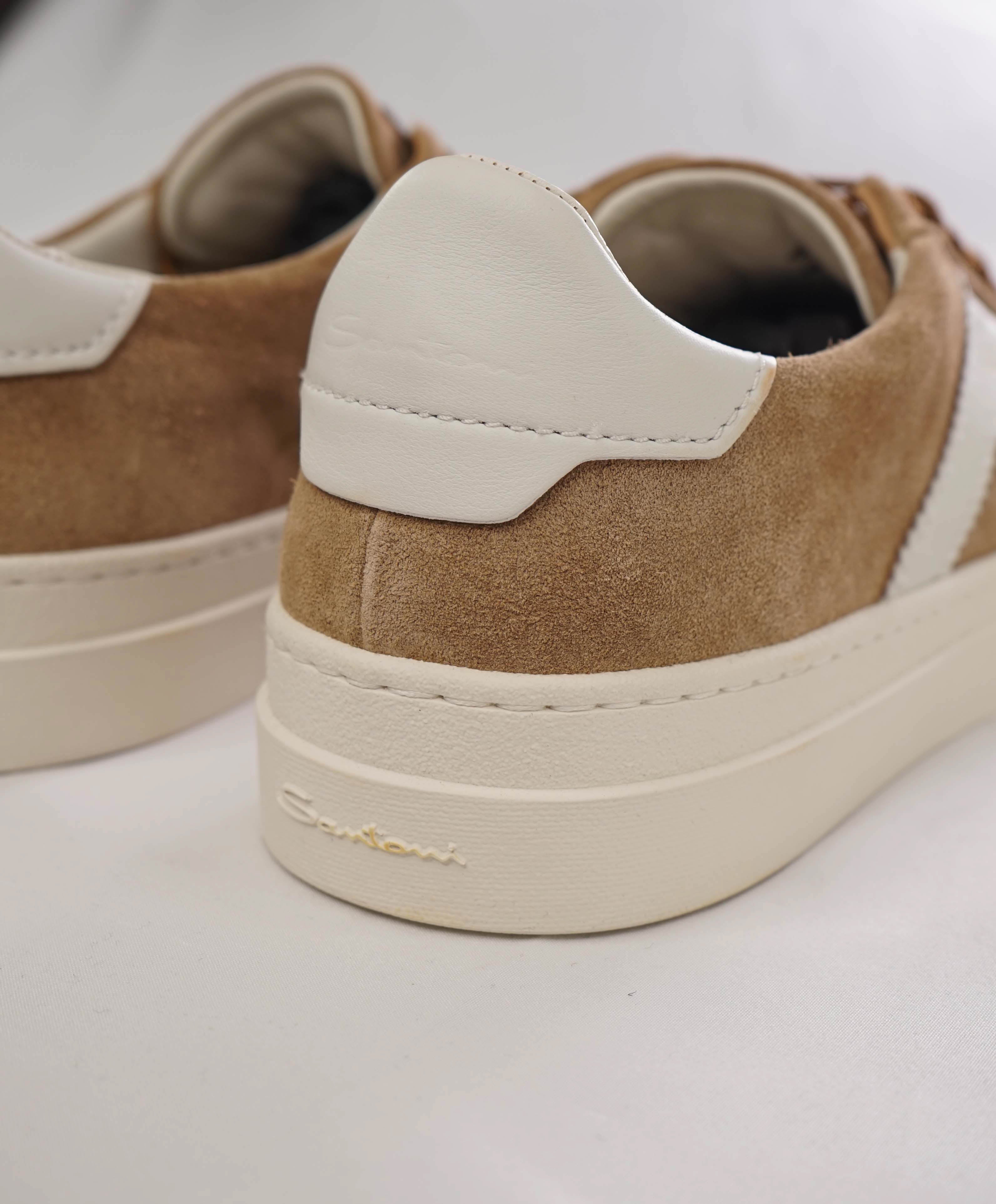 $795 SANTONI - Neutral Suede Double Buckle Full Leather Sneakers - 12 US (11 IT)