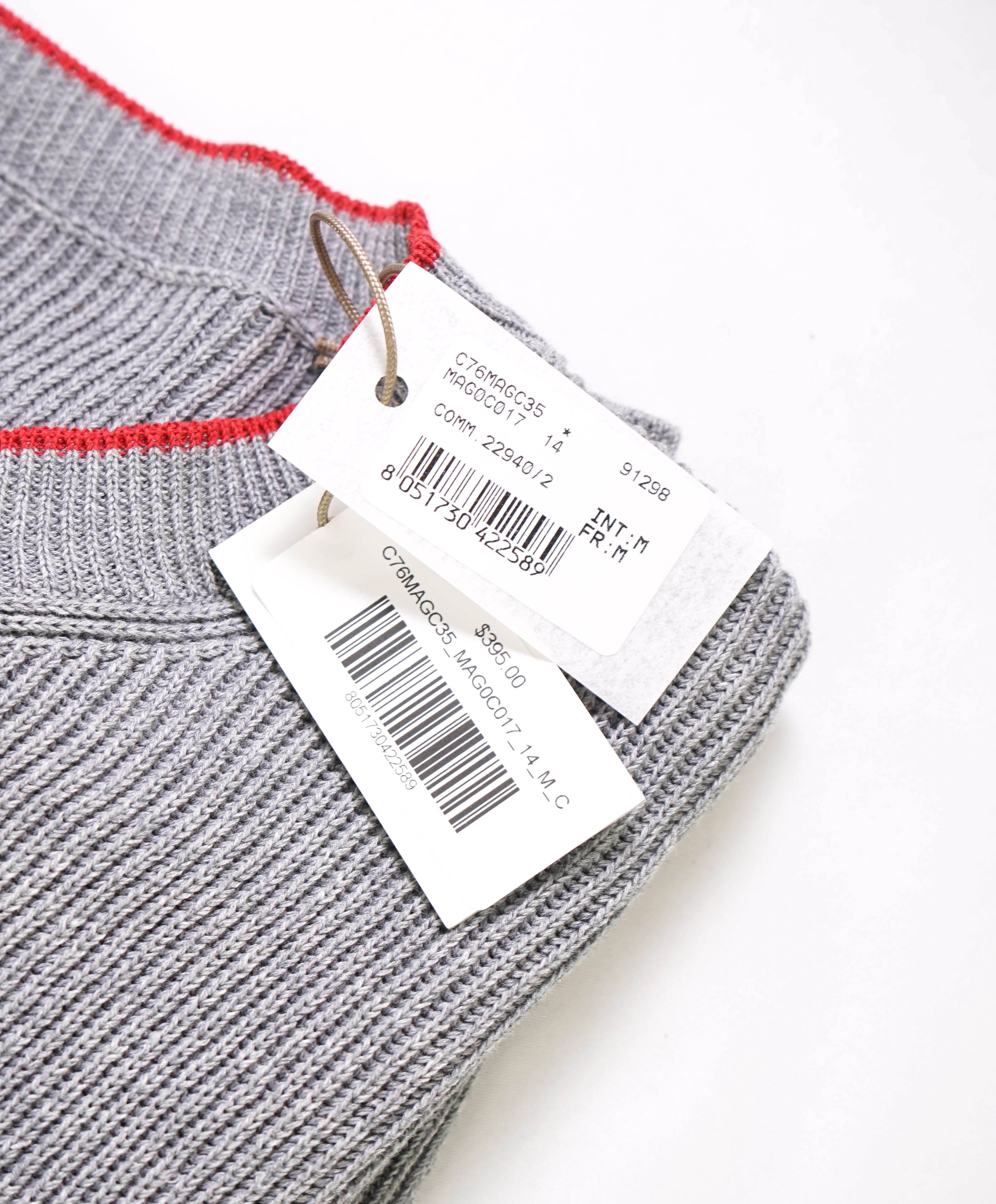 $395 ELEVENTY - Grey/Red Crewneck Premium Short Sleeve Sweater - M