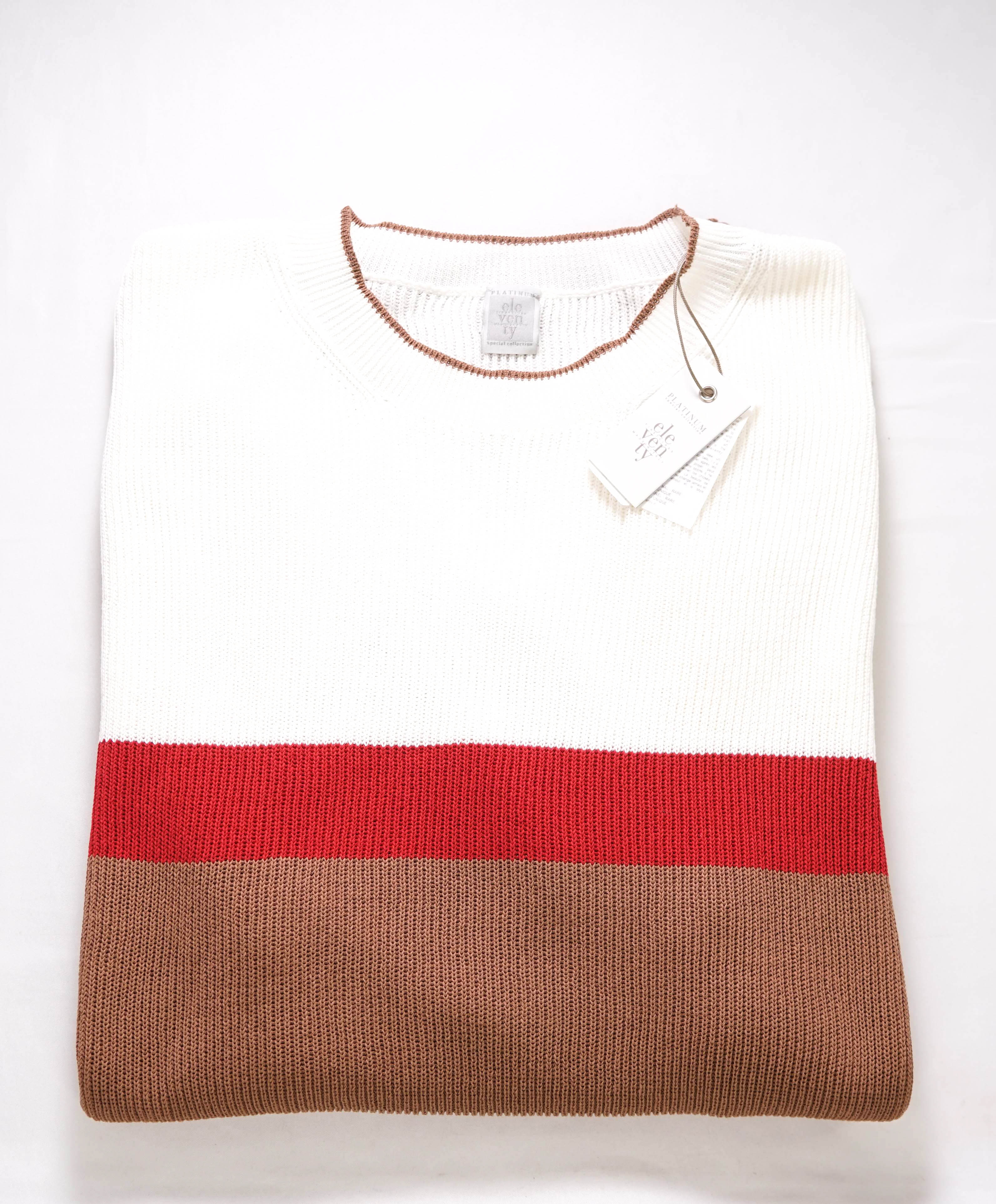 $395 ELEVENTY - Ivory Color block Crewneck Premium Short Sleeve Sweater - M